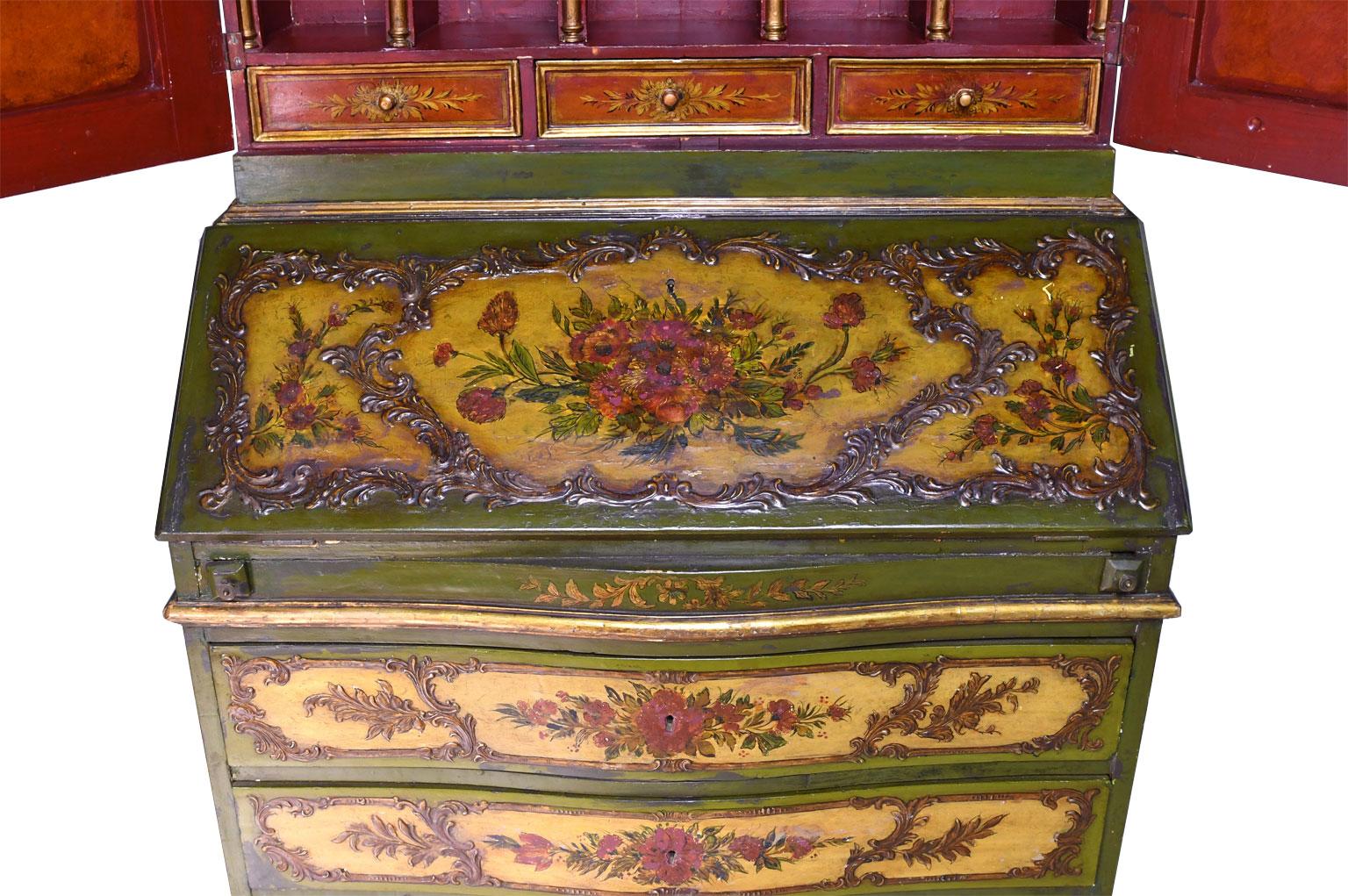 Italian 19th Century Venetian Secretary Bookcase with Painted Scenes and Floral Sprays For Sale
