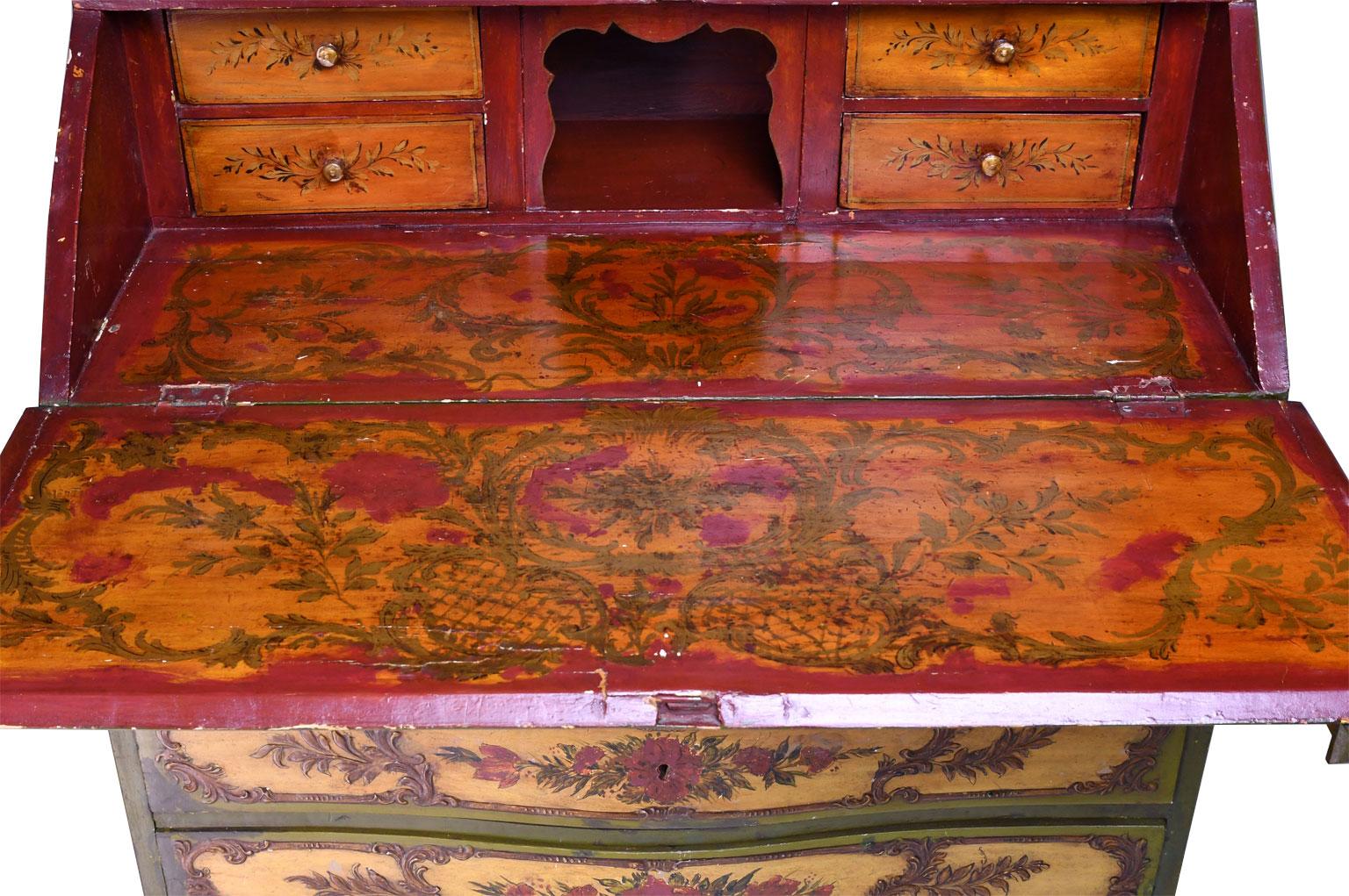 19th Century Venetian Secretary Bookcase with Painted Scenes and Floral Sprays In Good Condition For Sale In Miami, FL