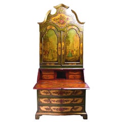 19th Century Venetian Secretary Bookcase with Painted Scenes and Floral Sprays