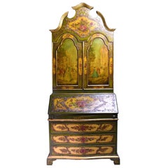 19th Century Venetian Secretary Bookcase with Painted Scenes and Floral Sprays