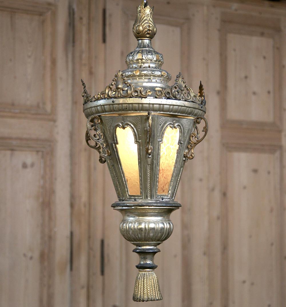 Baroque 19th Century Venetian Silvered Brass Lantern Chandelier For Sale