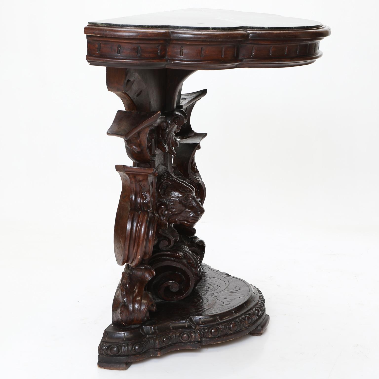 Renaissance 19th Century Venetian Walnut Console Table with Inset Vert Tinos Marble Top For Sale