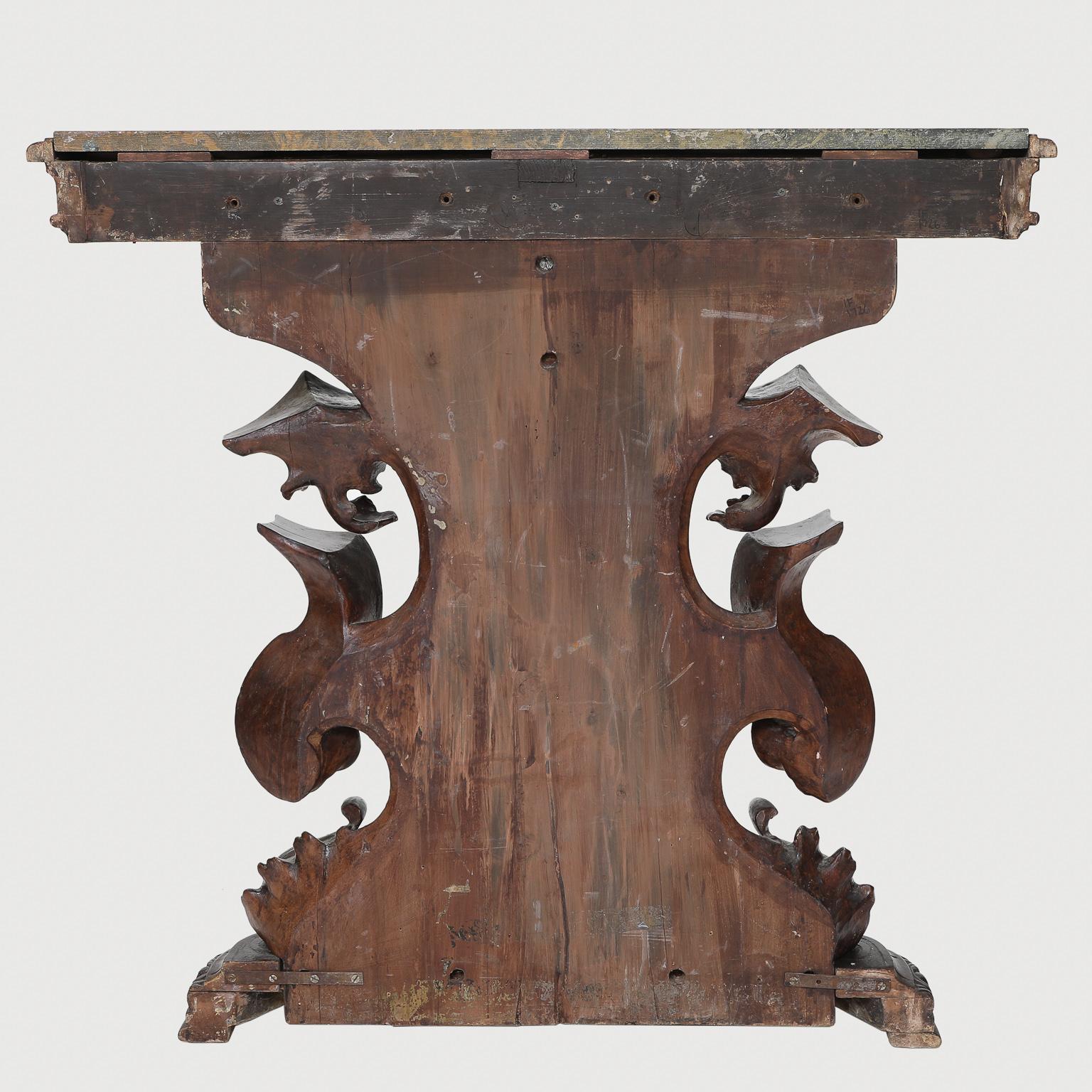 Italian 19th Century Venetian Walnut Console Table with Inset Vert Tinos Marble Top For Sale