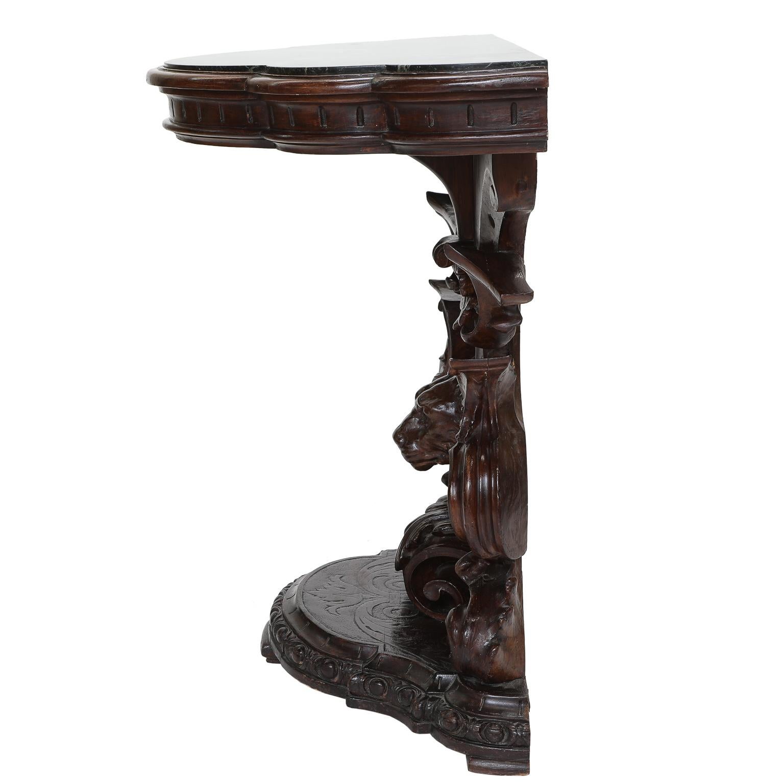 Carved 19th Century Venetian Walnut Console Table with Inset Vert Tinos Marble Top For Sale