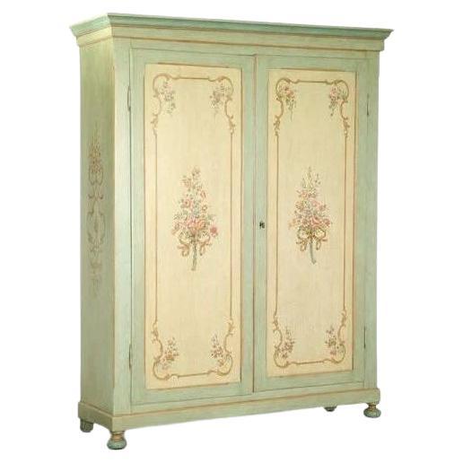 19th Century, Venezia Hand-Painted Blue Fiore Pine Armoire For Sale