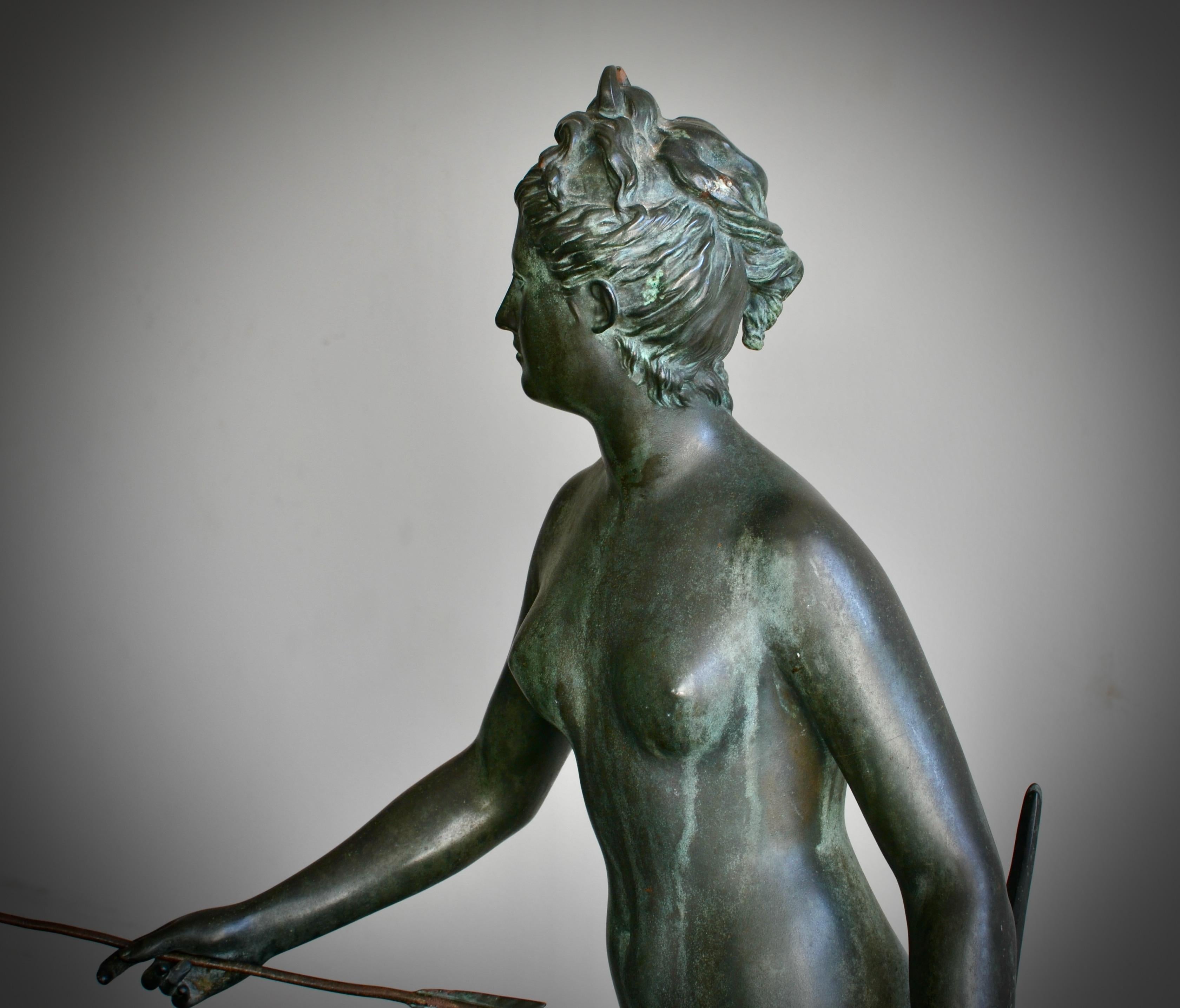 19th Century Verdigris Bronze Sculpture of Diana the Huntress After Houdon 7