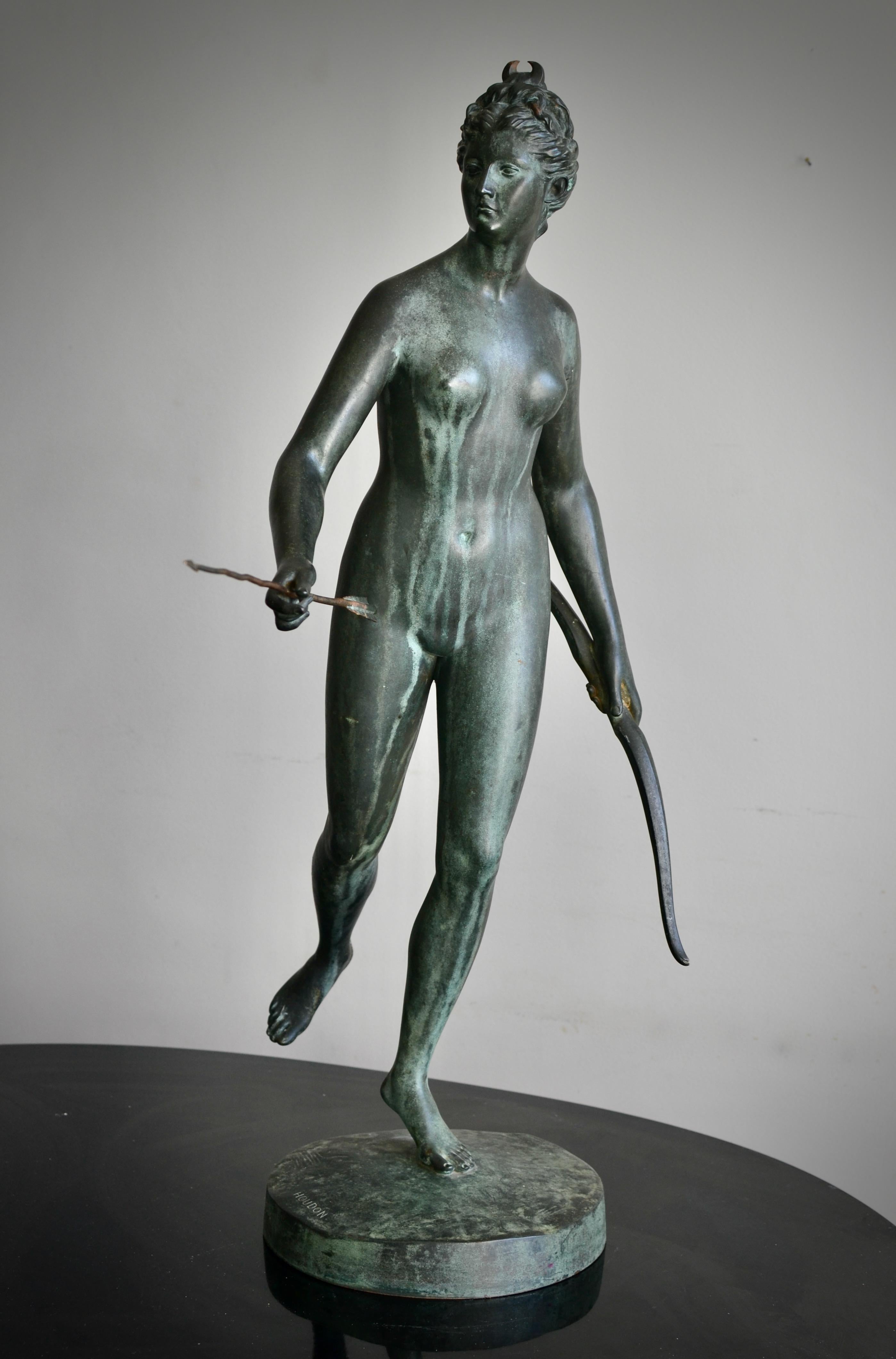 A very nice 19th century bronze sculpture of Diana the huntress with a very beautiful verdigris patina surface. Made after the famous sculpture by Jean-Antoine Houdon (1741-1828). This sculpture is signed 