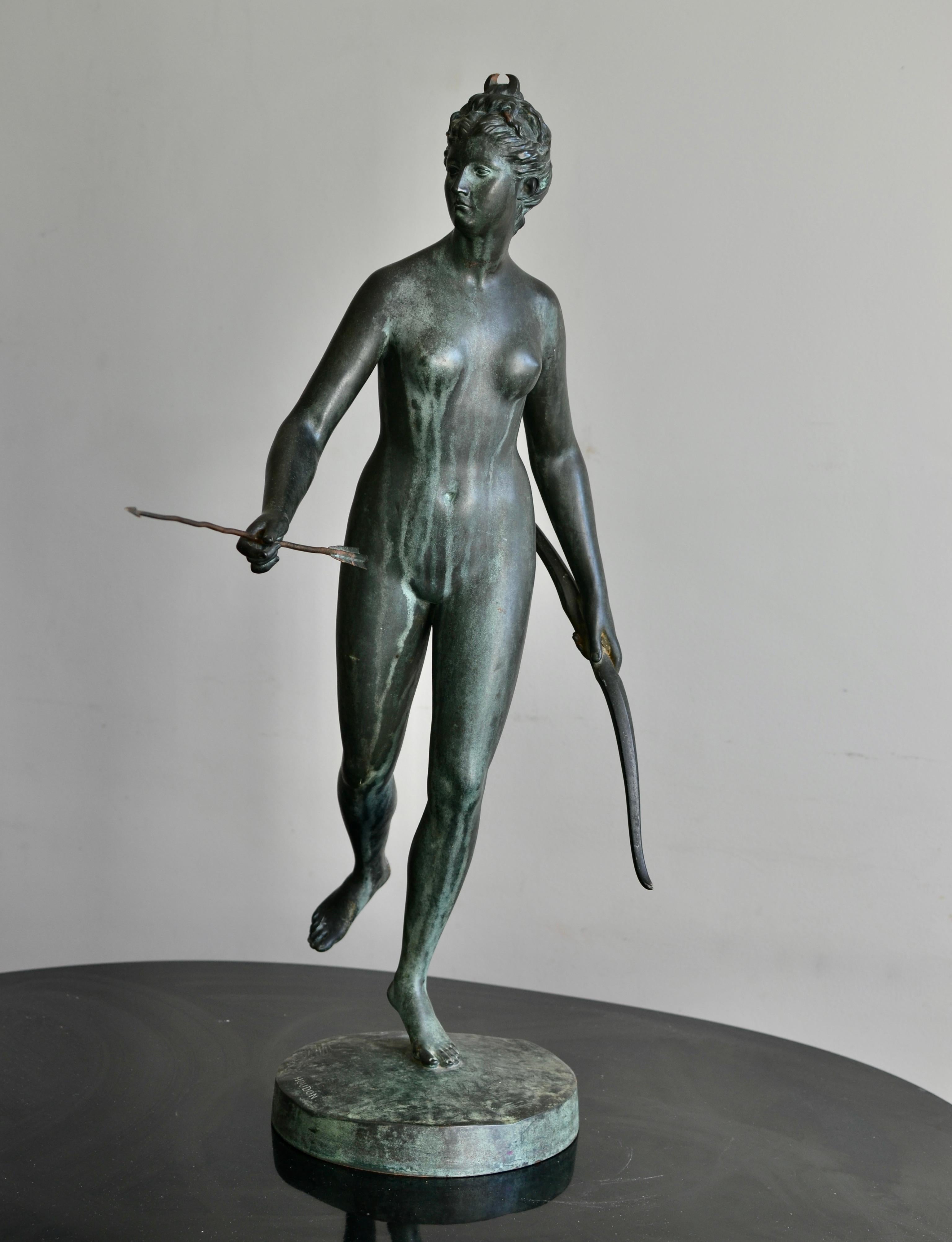 French 19th Century Verdigris Bronze Sculpture of Diana the Huntress After Houdon