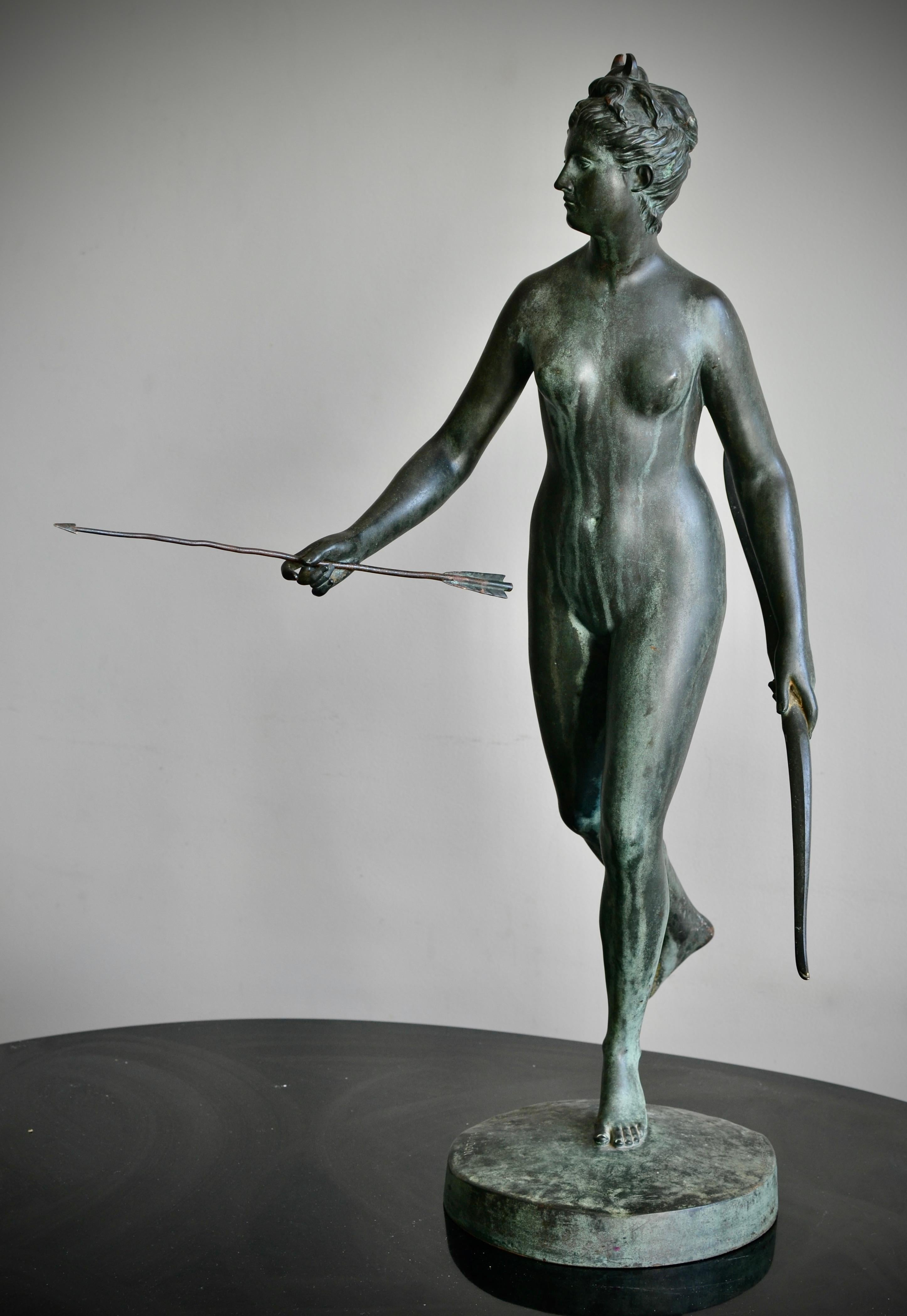 Patinated 19th Century Verdigris Bronze Sculpture of Diana the Huntress After Houdon