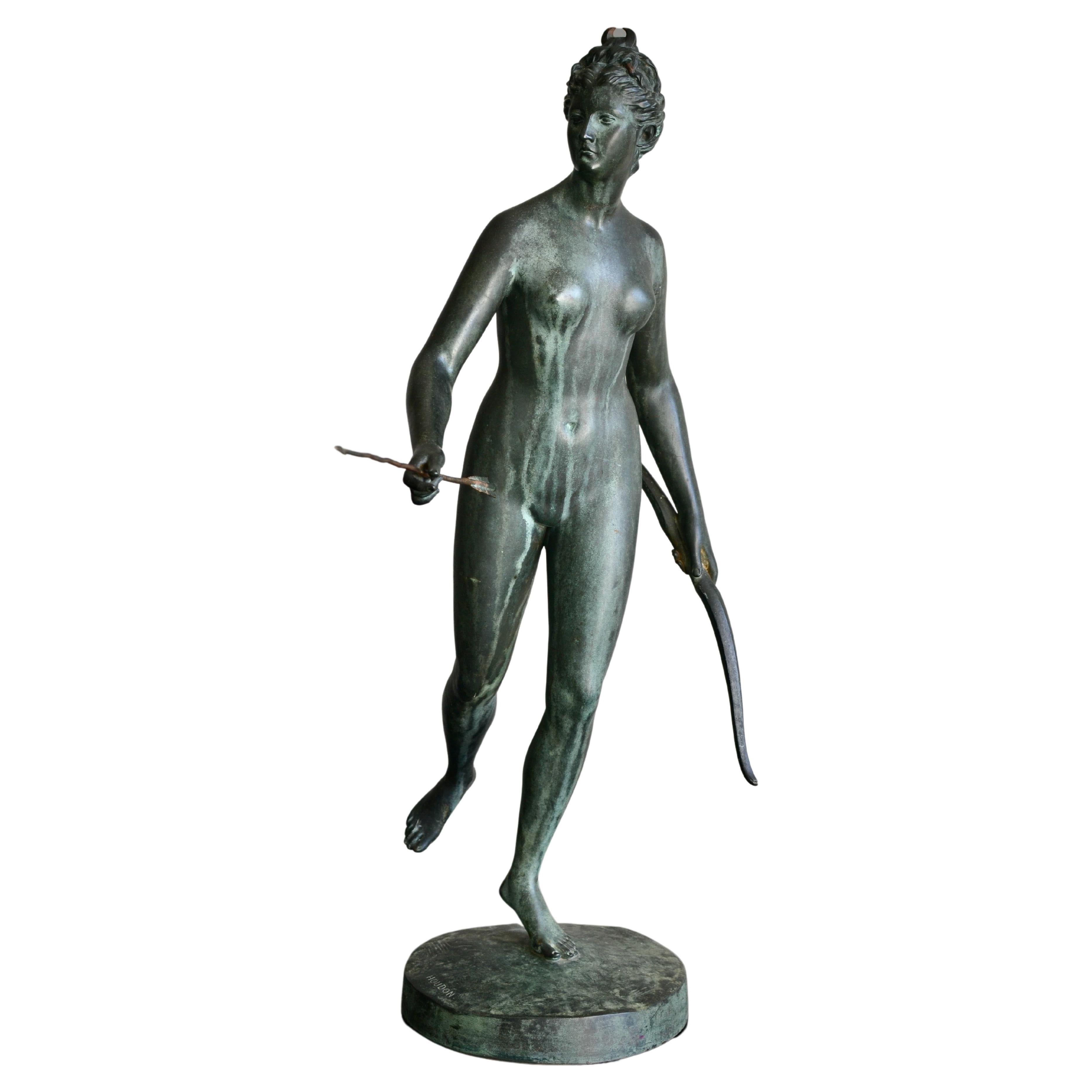 19th Century Verdigris Bronze Sculpture of Diana the Huntress After Houdon