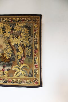 19th Century Verdure Tapestry "Scene of river Castle Bird" Aubusson Wool France