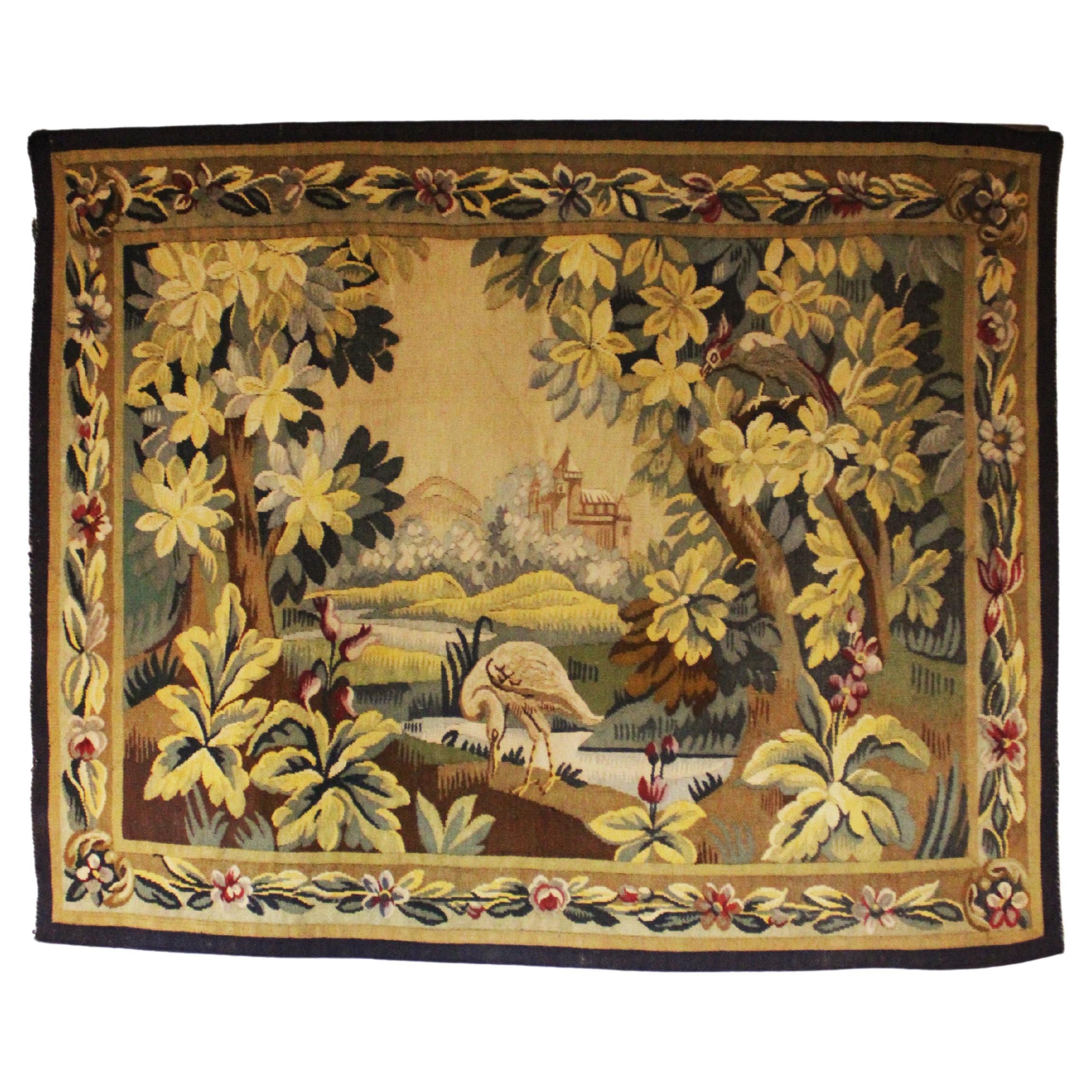 19th Century Verdure Tapestry "Scene of river Castle Bird" Aubusson Wool France For Sale