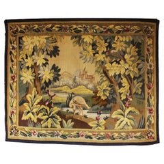 19th Century Verdure Tapestry "Scene of river Castle Bird" Aubusson Wool France