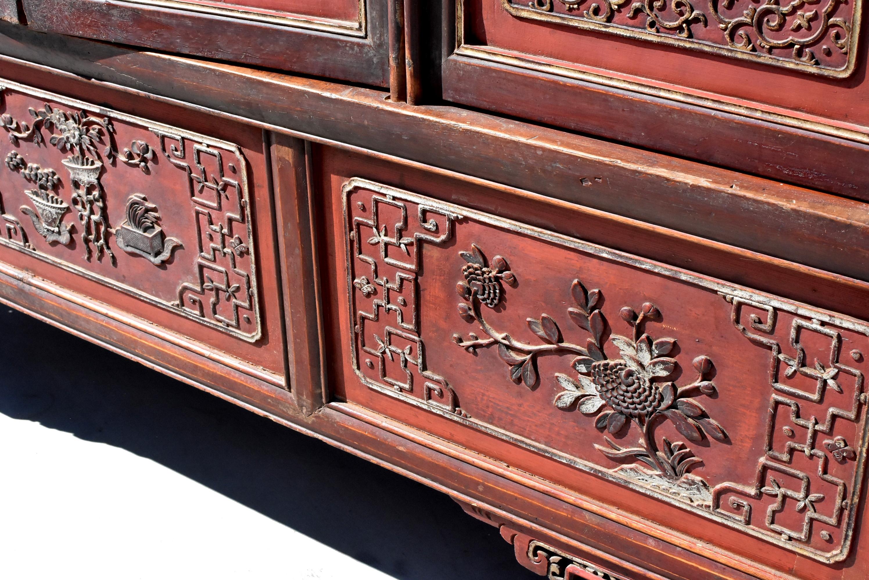 19th Century Chinese Vermillion Red Gilt Silvered Carved Armoire For Sale 5