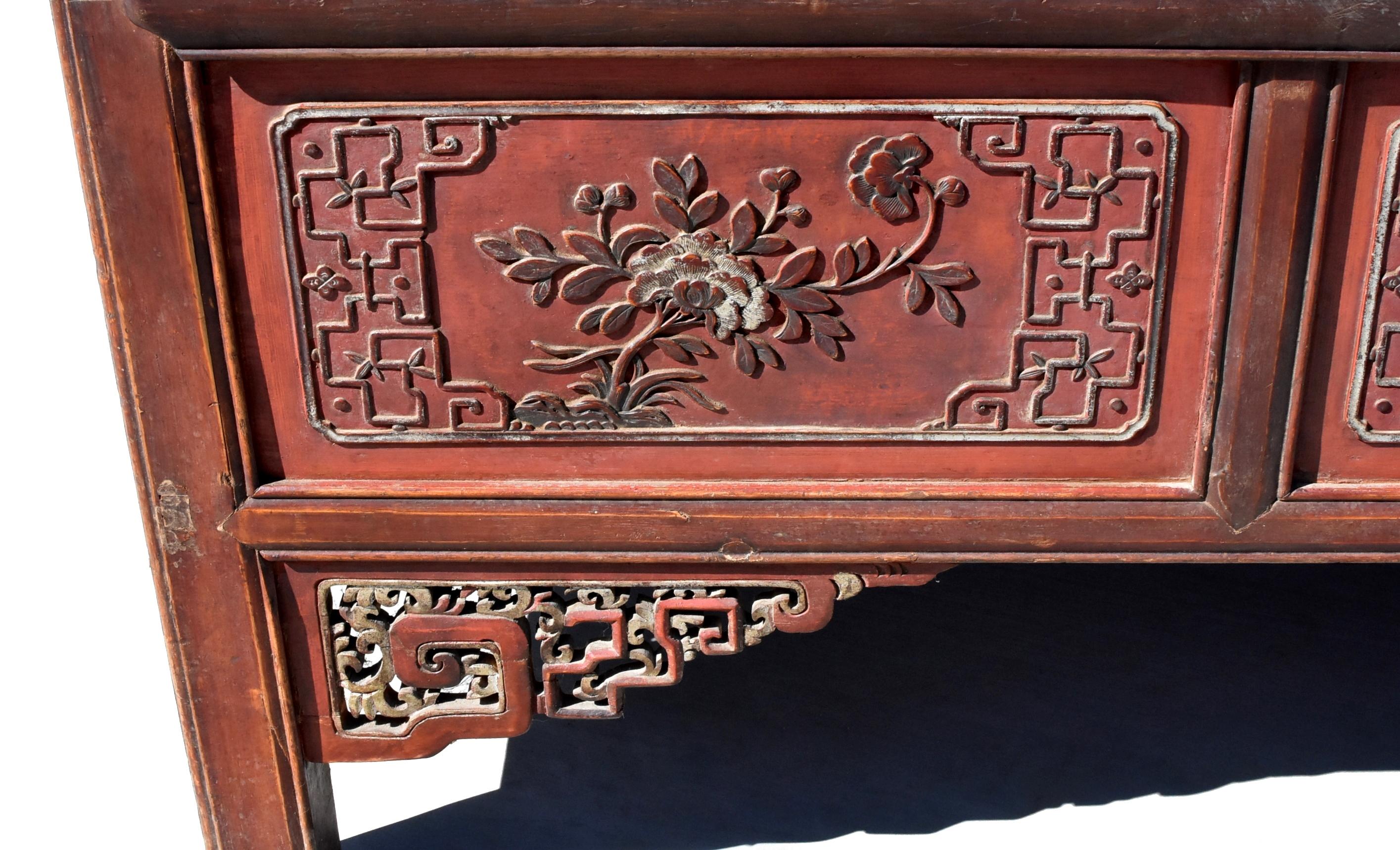 19th Century Chinese Vermillion Red Gilt Silvered Carved Armoire For Sale 6