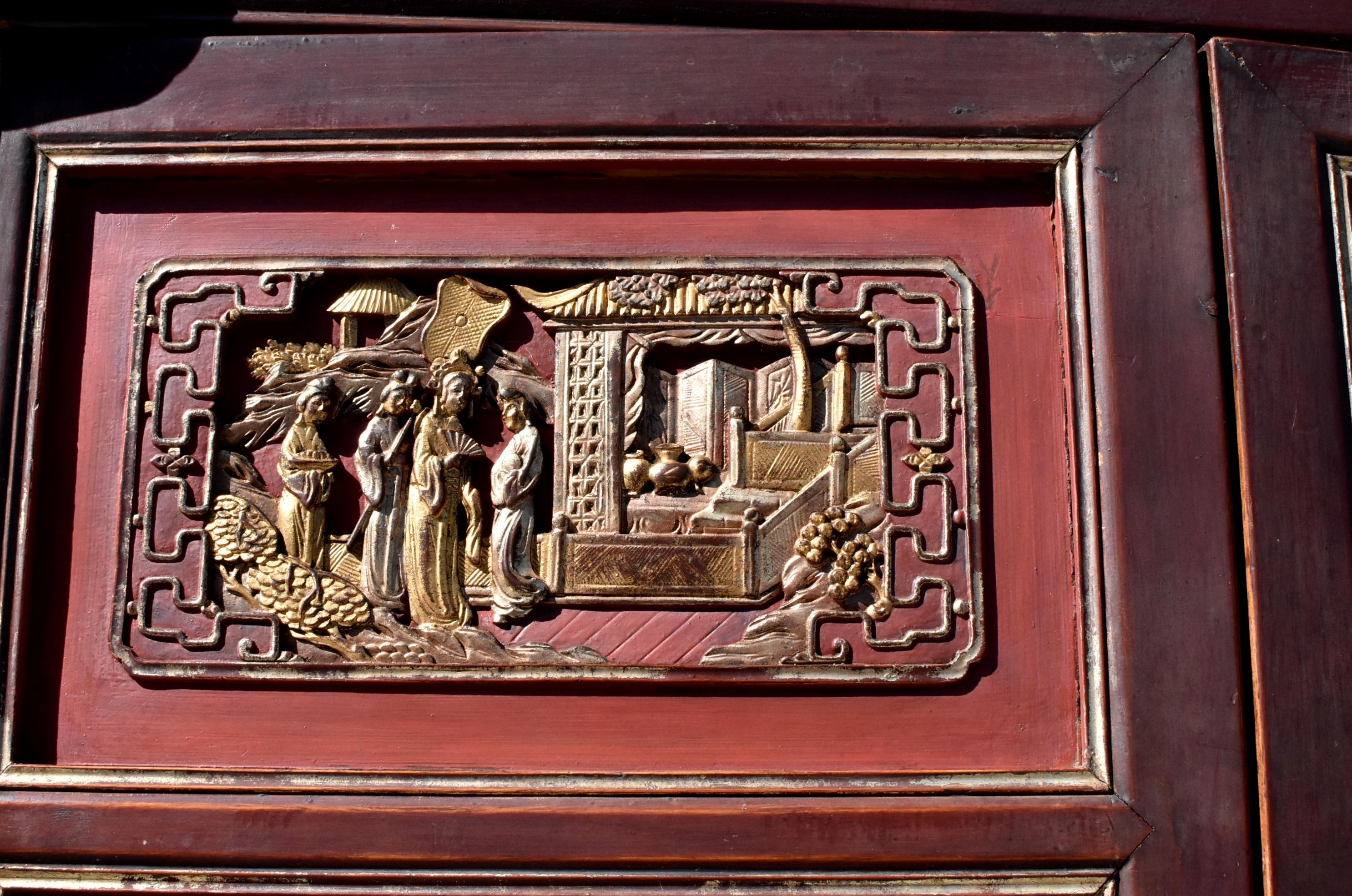 19th Century Chinese Vermillion Red Gilt Silvered Carved Armoire For Sale 8
