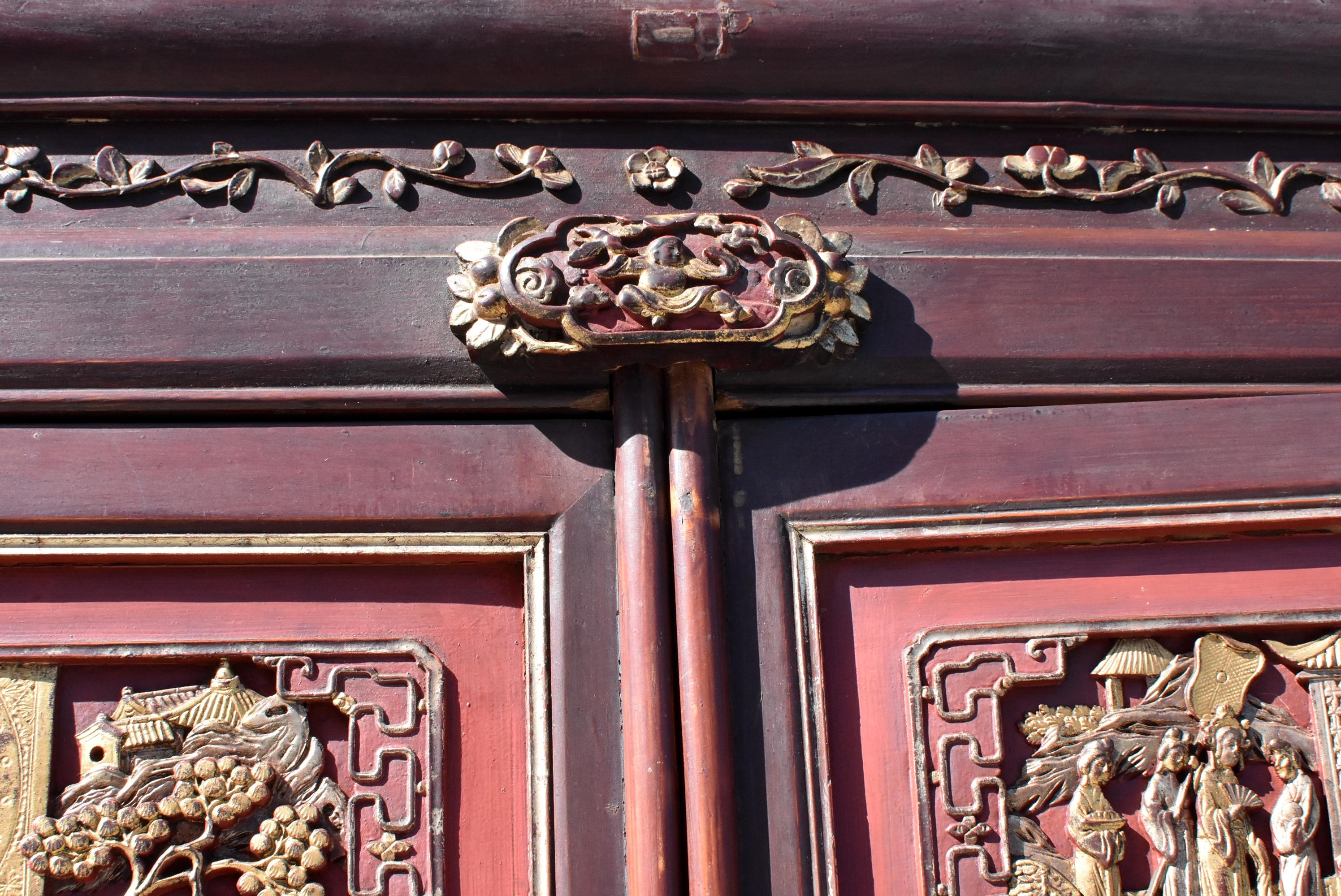 19th Century Chinese Vermillion Red Gilt Silvered Carved Armoire For Sale 9