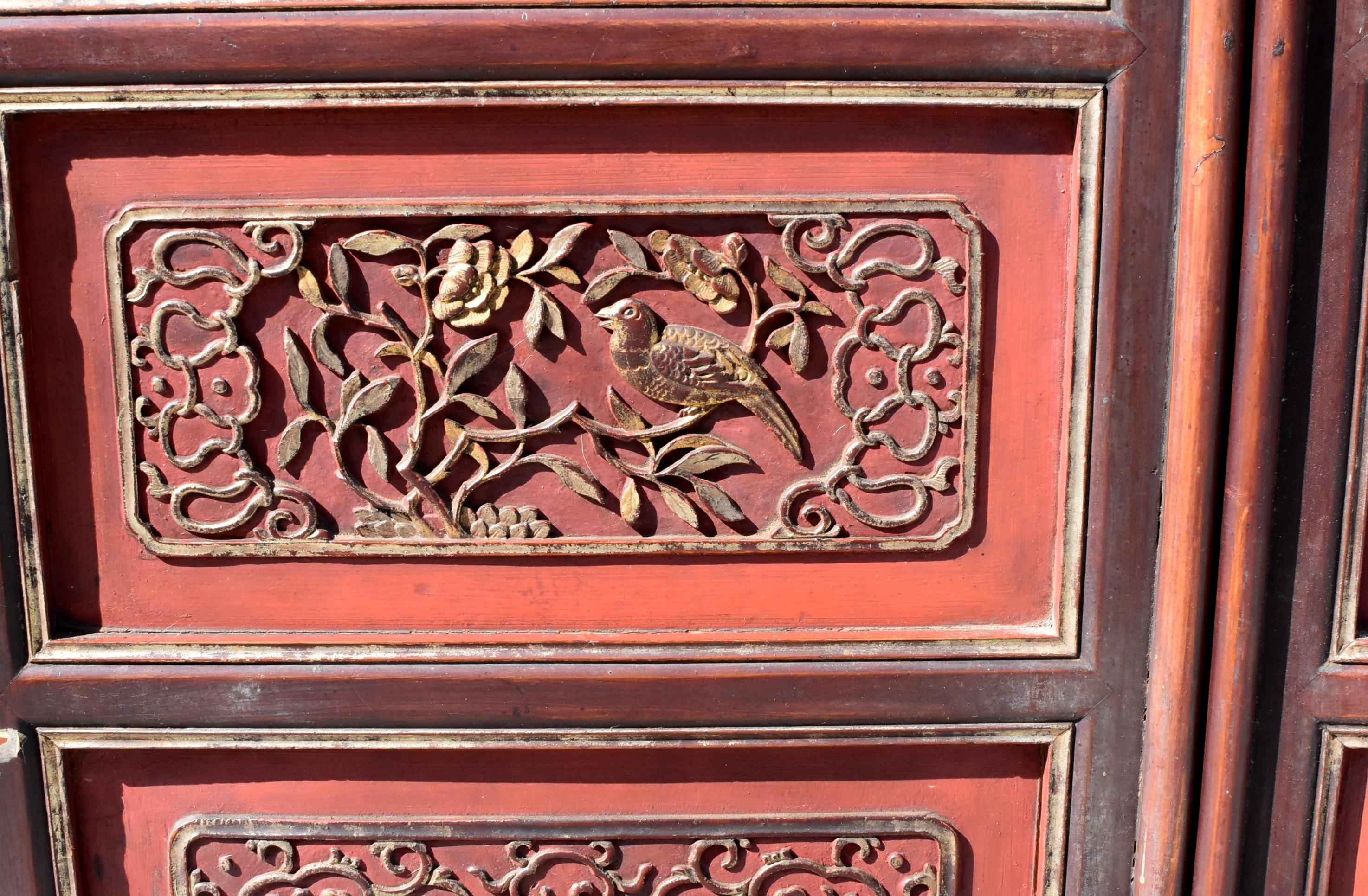 19th Century Chinese Vermillion Red Gilt Silvered Carved Armoire For Sale 11
