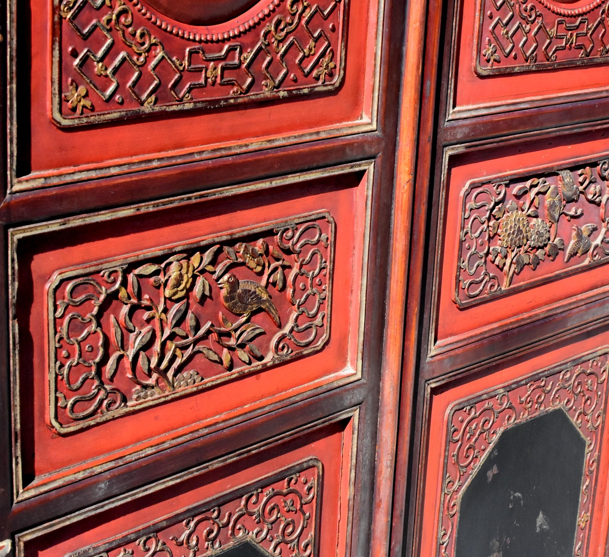 19th Century Chinese Vermillion Red Gilt Silvered Carved Armoire For Sale 12