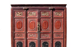 19th Century Chinese Vermillion Red Gilt Silvered Carved Armoire