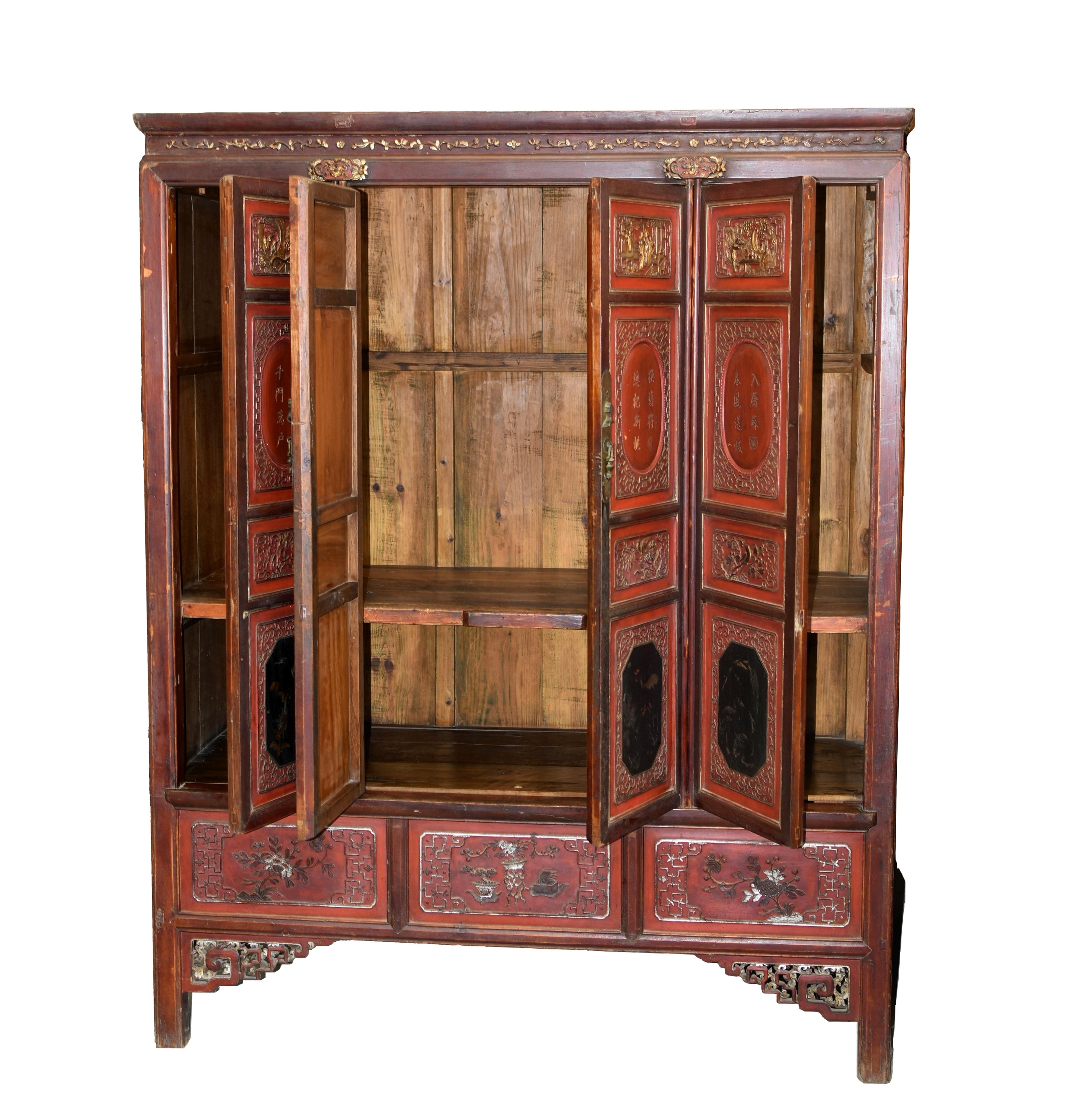 19th Century Chinese Vermillion Red Gilt Silvered Carved Armoire In Good Condition For Sale In Somis, CA