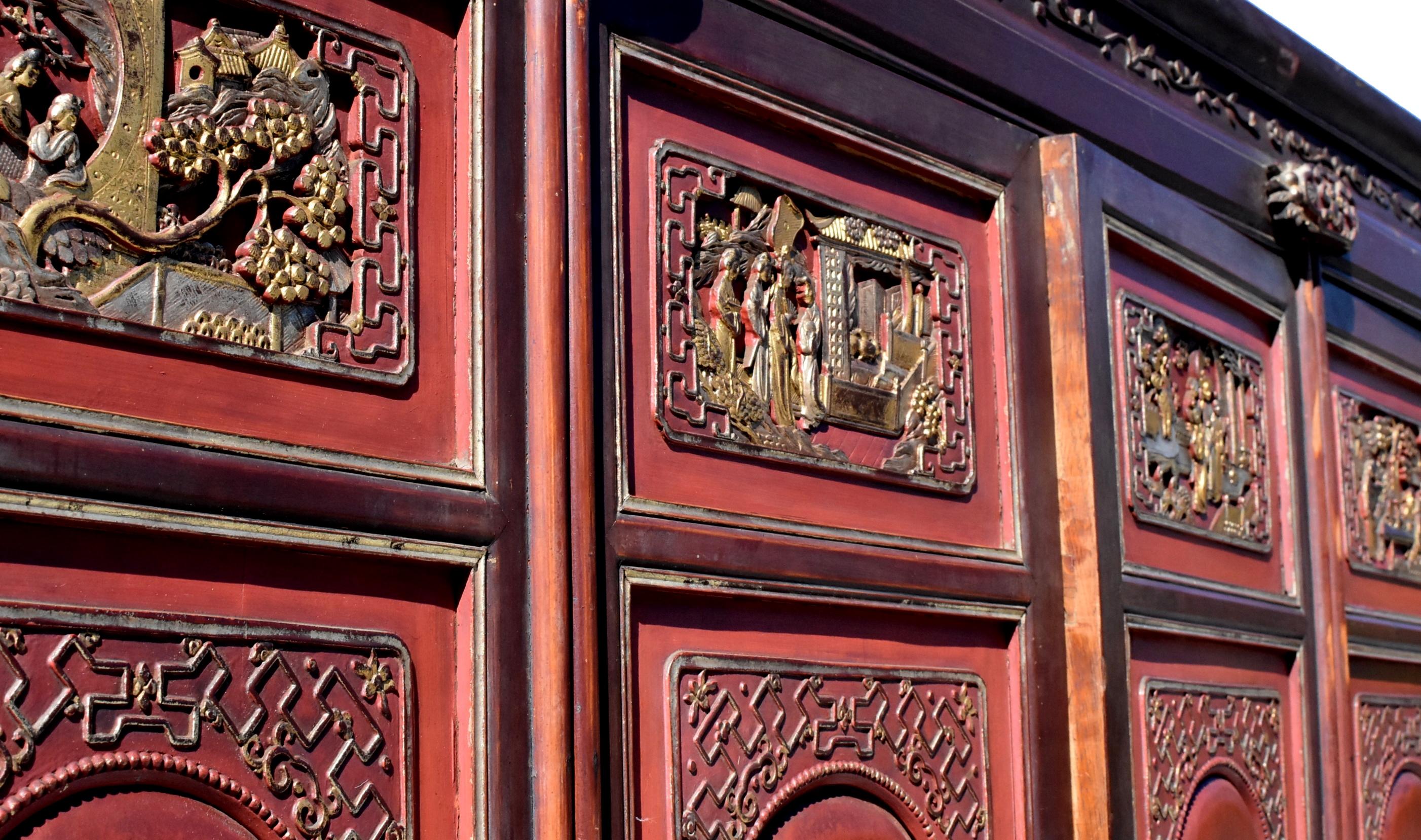 19th Century Chinese Vermillion Red Gilt Silvered Carved Armoire For Sale 1