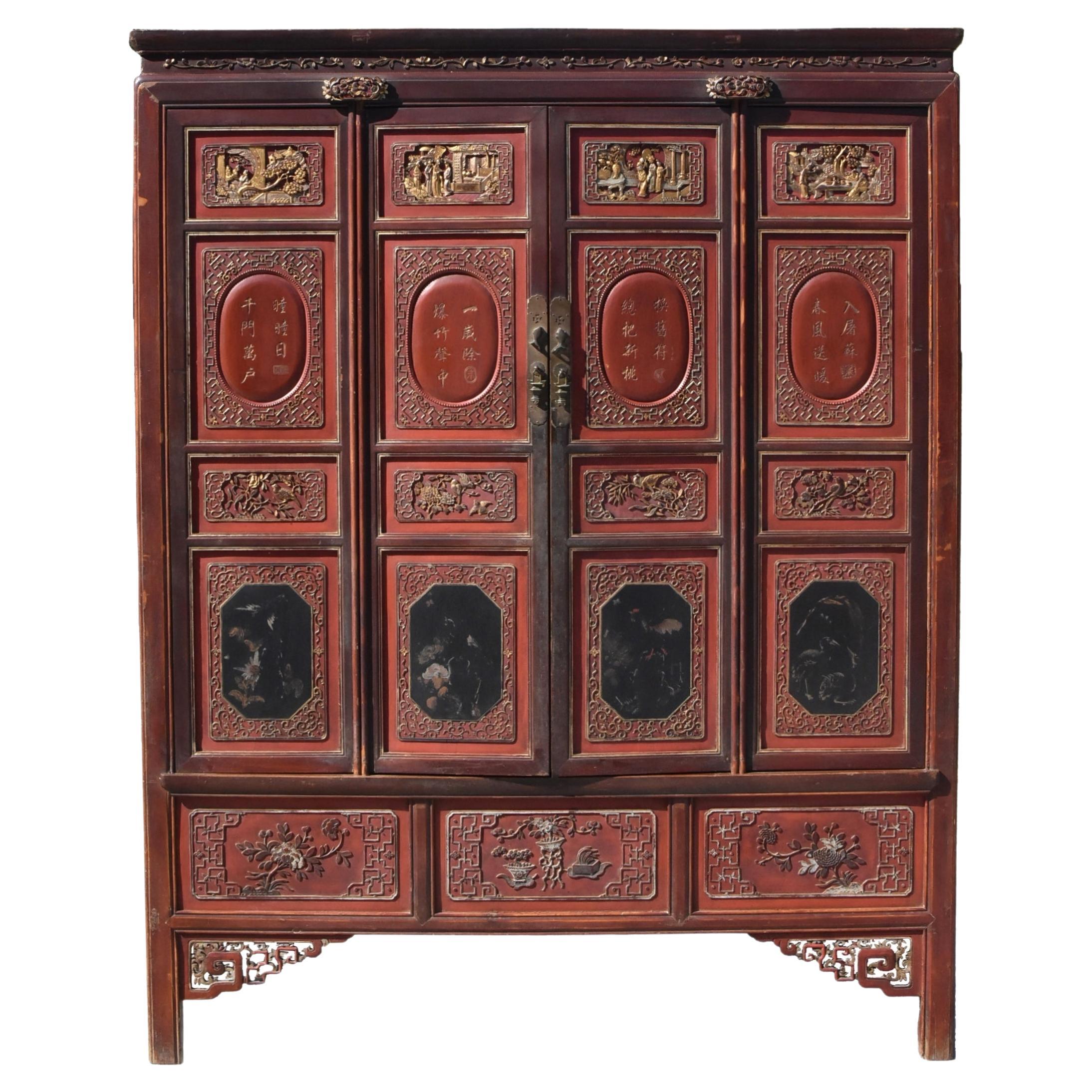 19th Century Chinese Vermillion Red Gilt Silvered Carved Armoire
