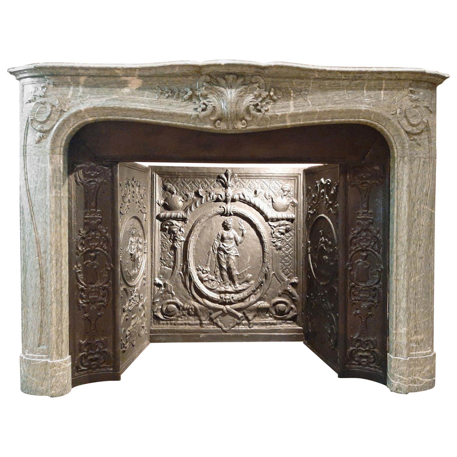 19th Century Vert d'Estours Marble Fireplace with Complete Cast Iron Hearth For Sale