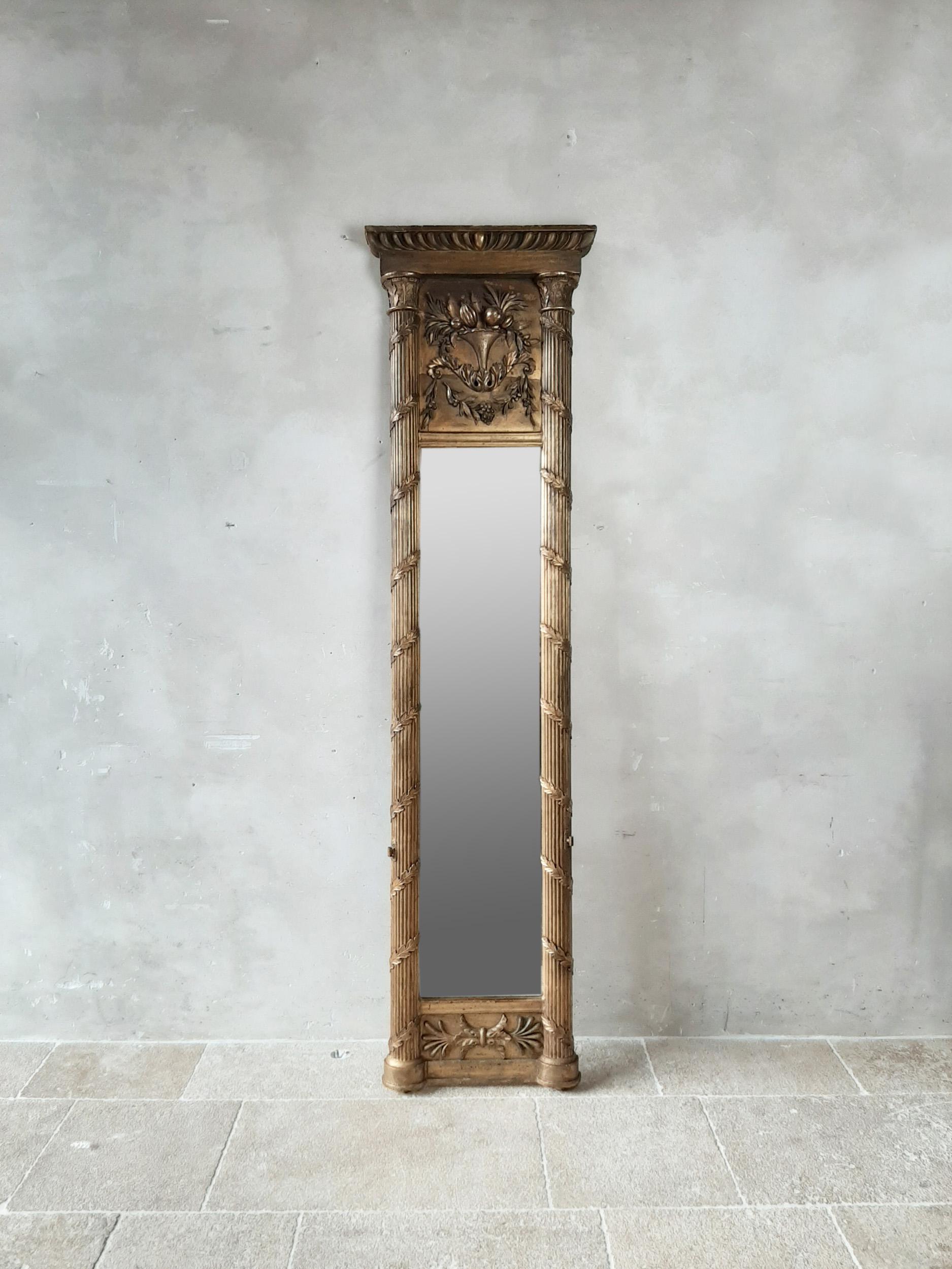 French 19th Century Very High, Narrow Penant Giltwood Mirror in Empire Style