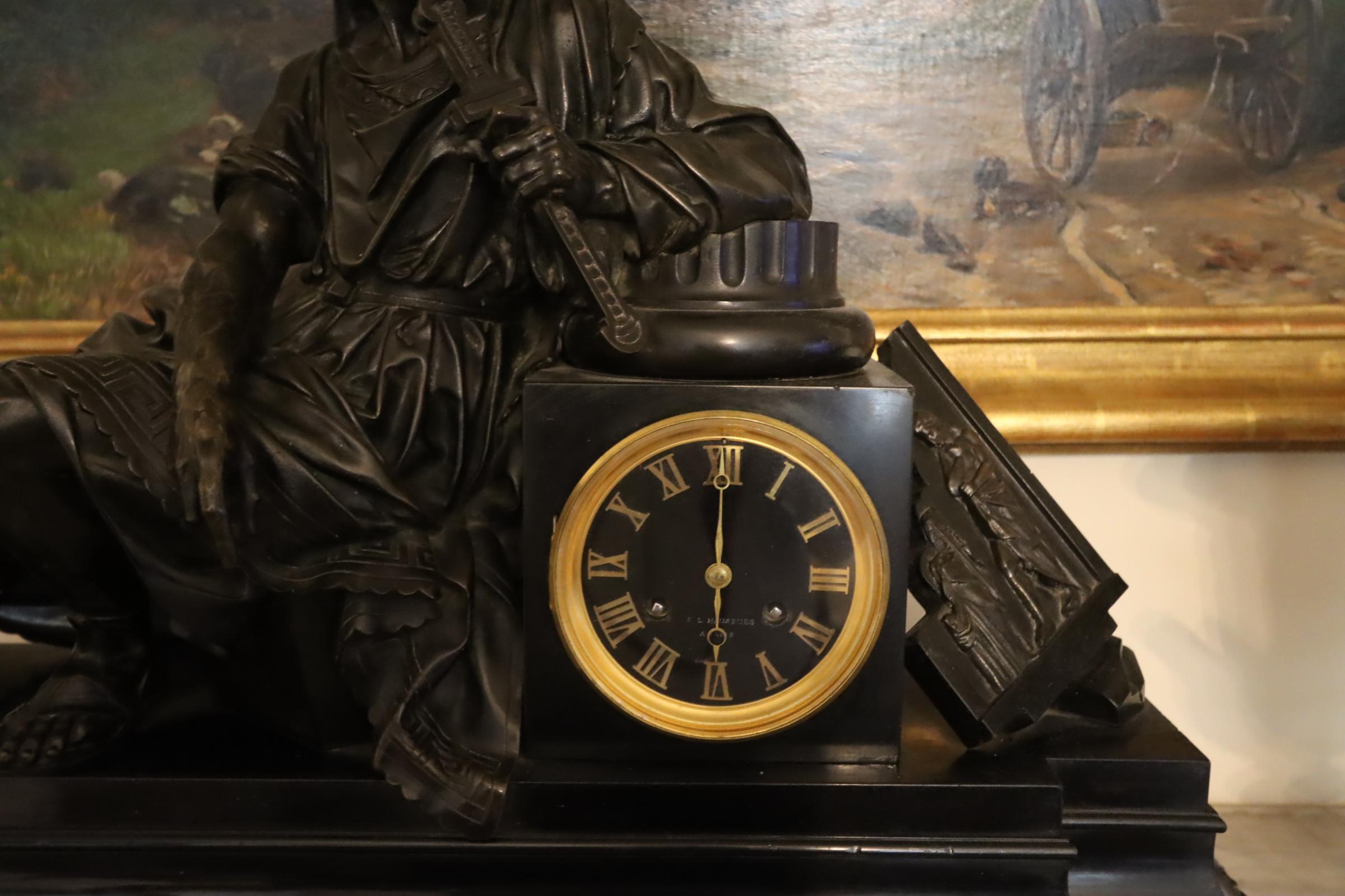 An exceptionally large table clock with bronze and marble, 19th century.