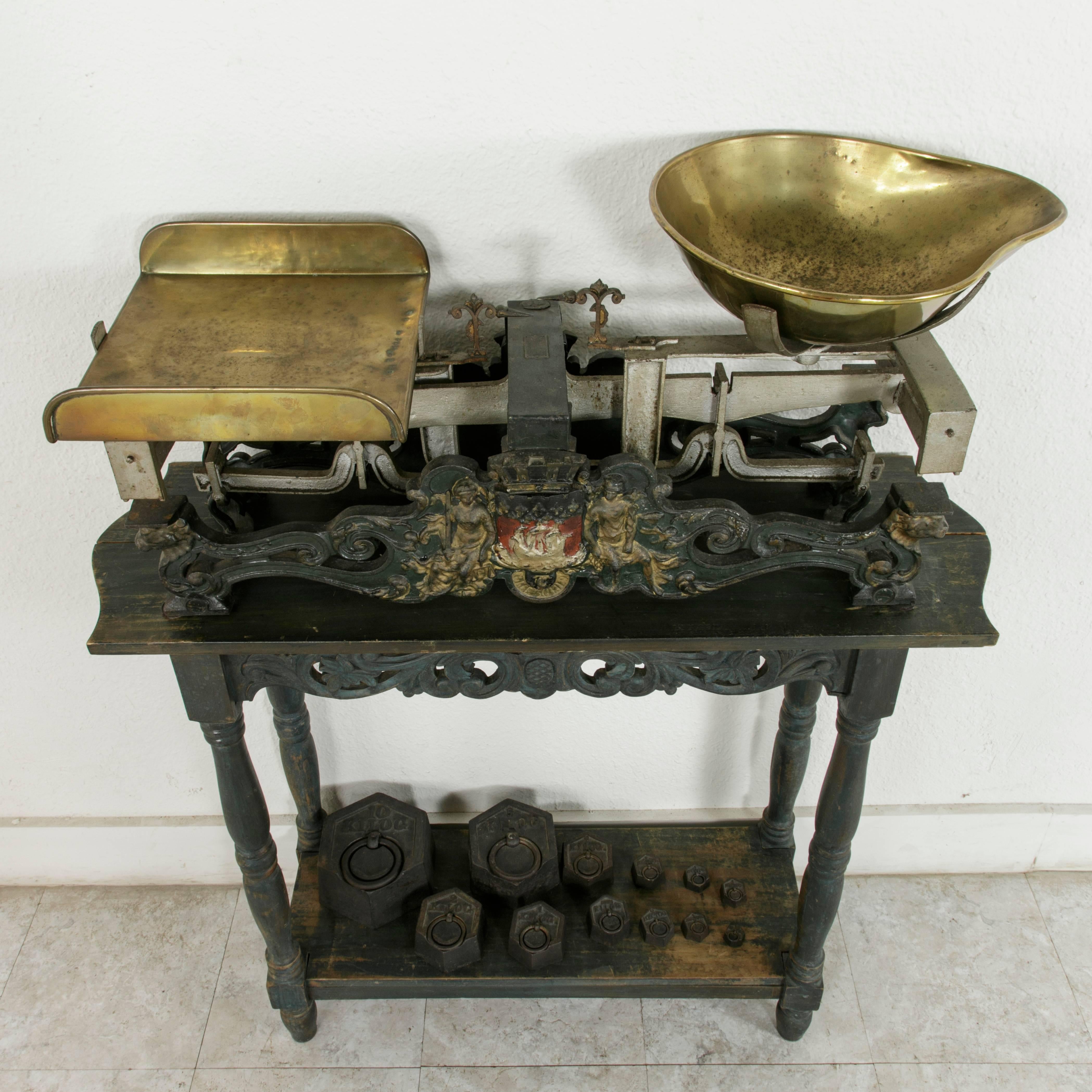 19th Century Very Large French Iron Butcher Scales with Brass Pans and Weights 10