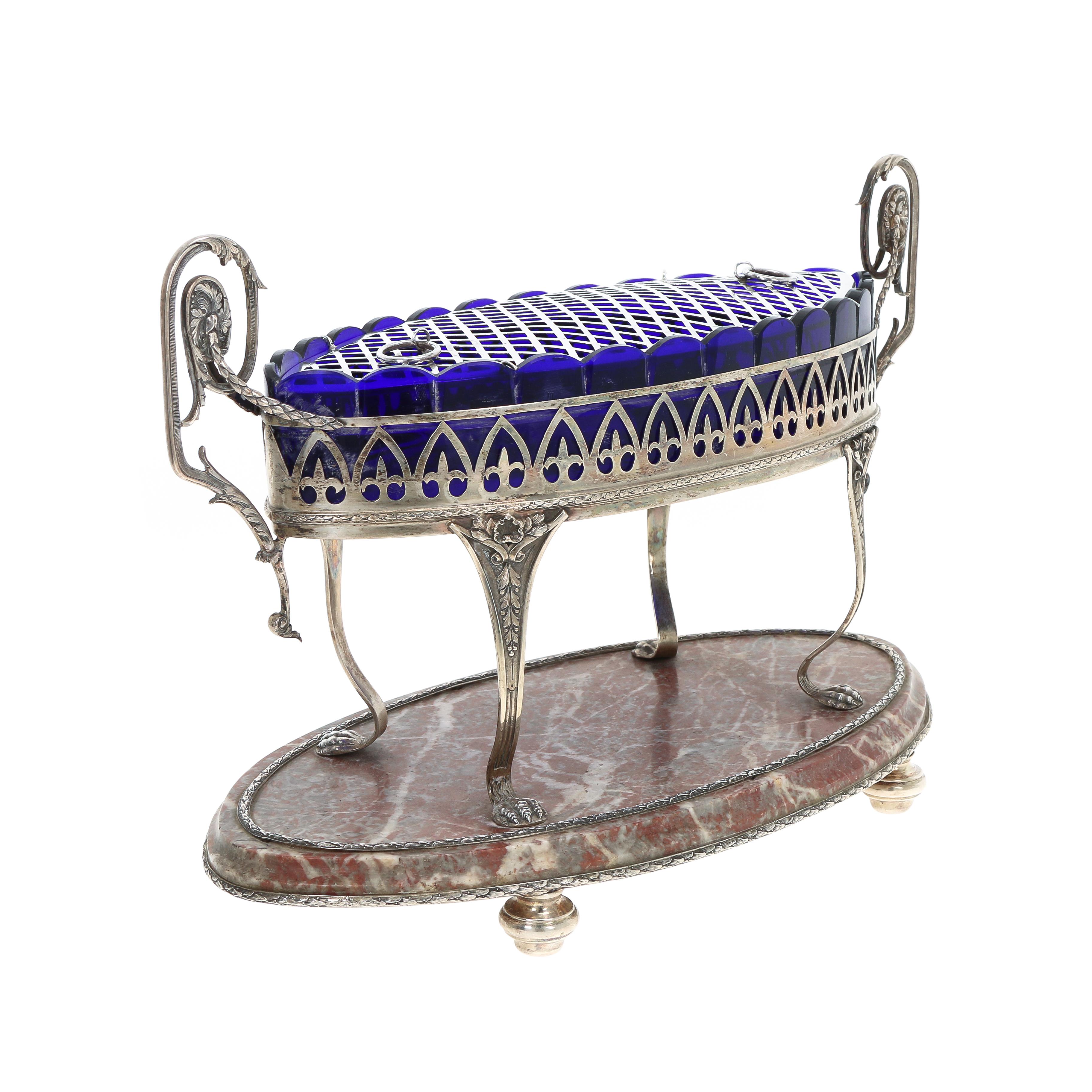 Empire 19th Century Silver Centerpiece with Marble and Cobalt Glass