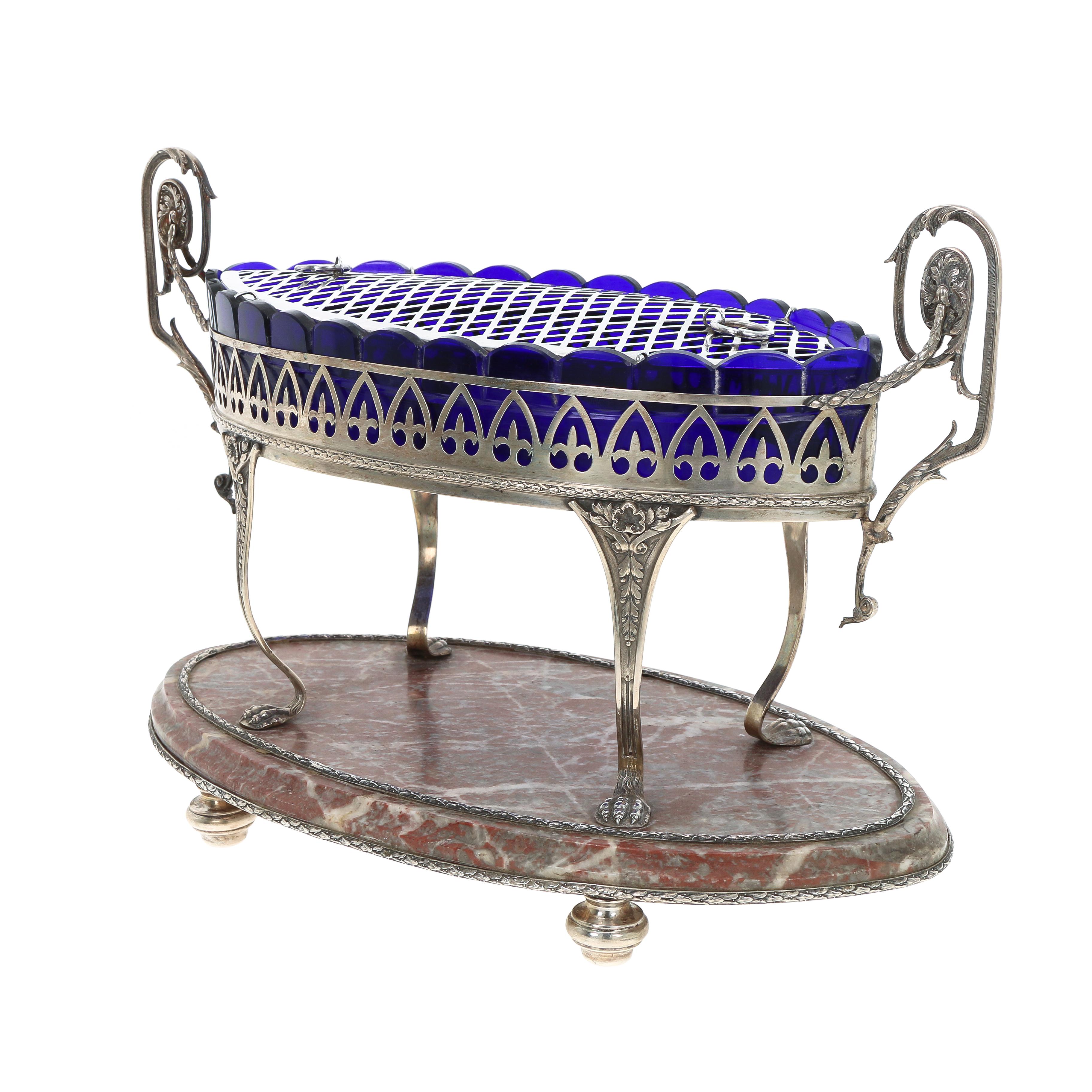 19th Century Silver Centerpiece with Marble and Cobalt Glass In Good Condition In Porto, PT