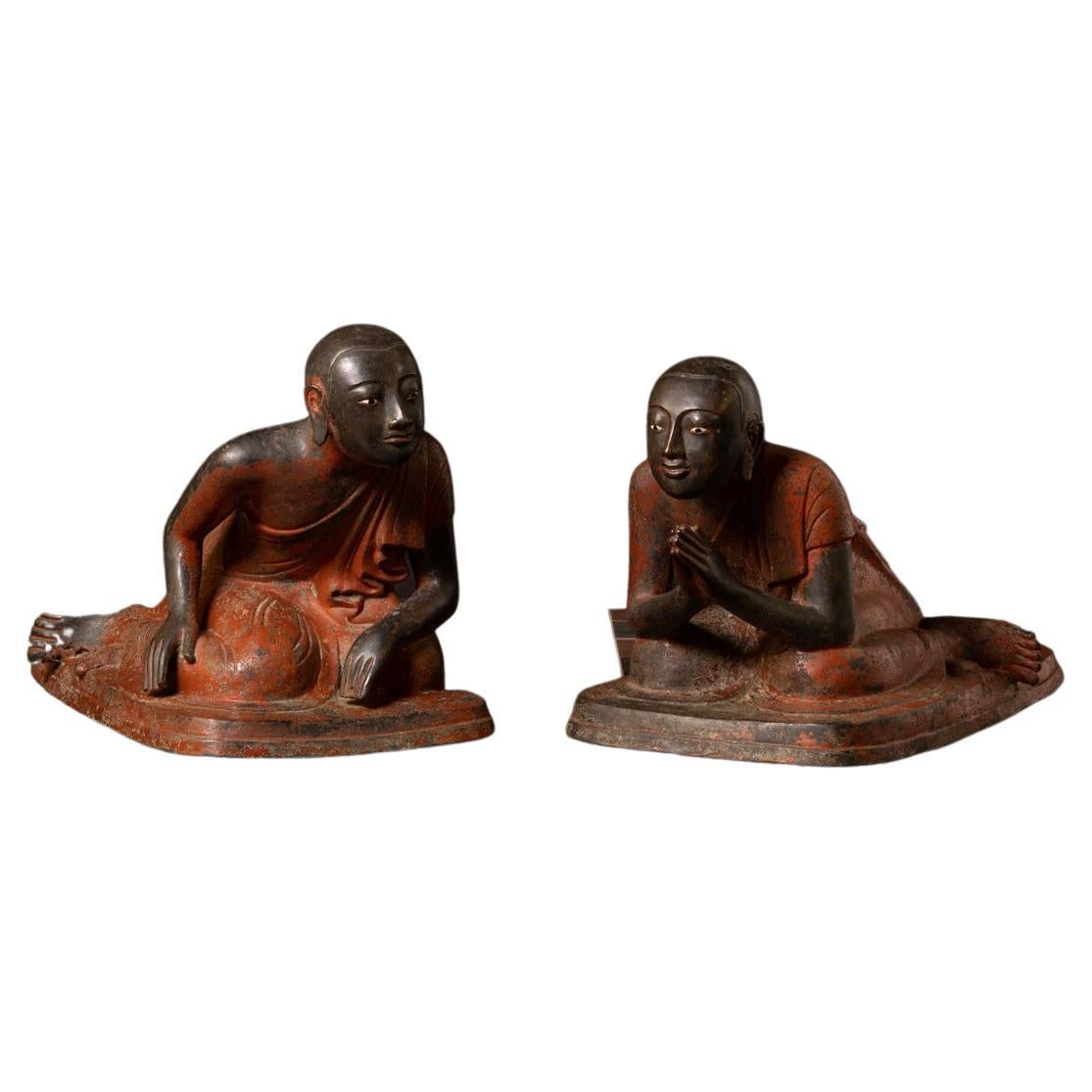 19th century very special pair of antique bronze Monk statues from Burma For Sale