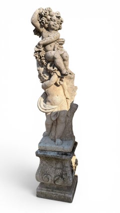19th Century Vicenza Stone Garden Sculpture of Two Cherubs with Floral Garlands