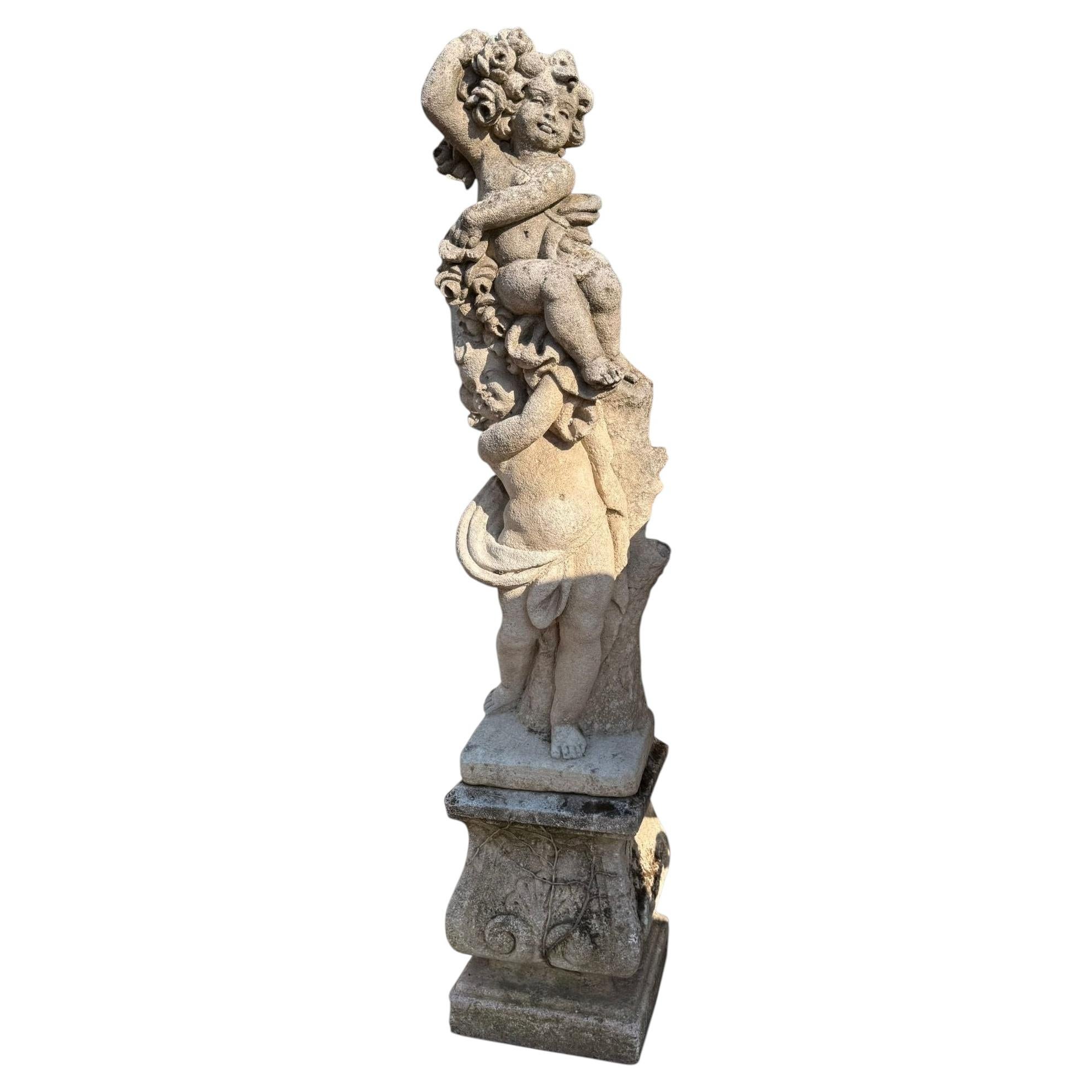 19th Century Vicenza Stone Garden Sculpture of Two Cherubs with Floral Garlands