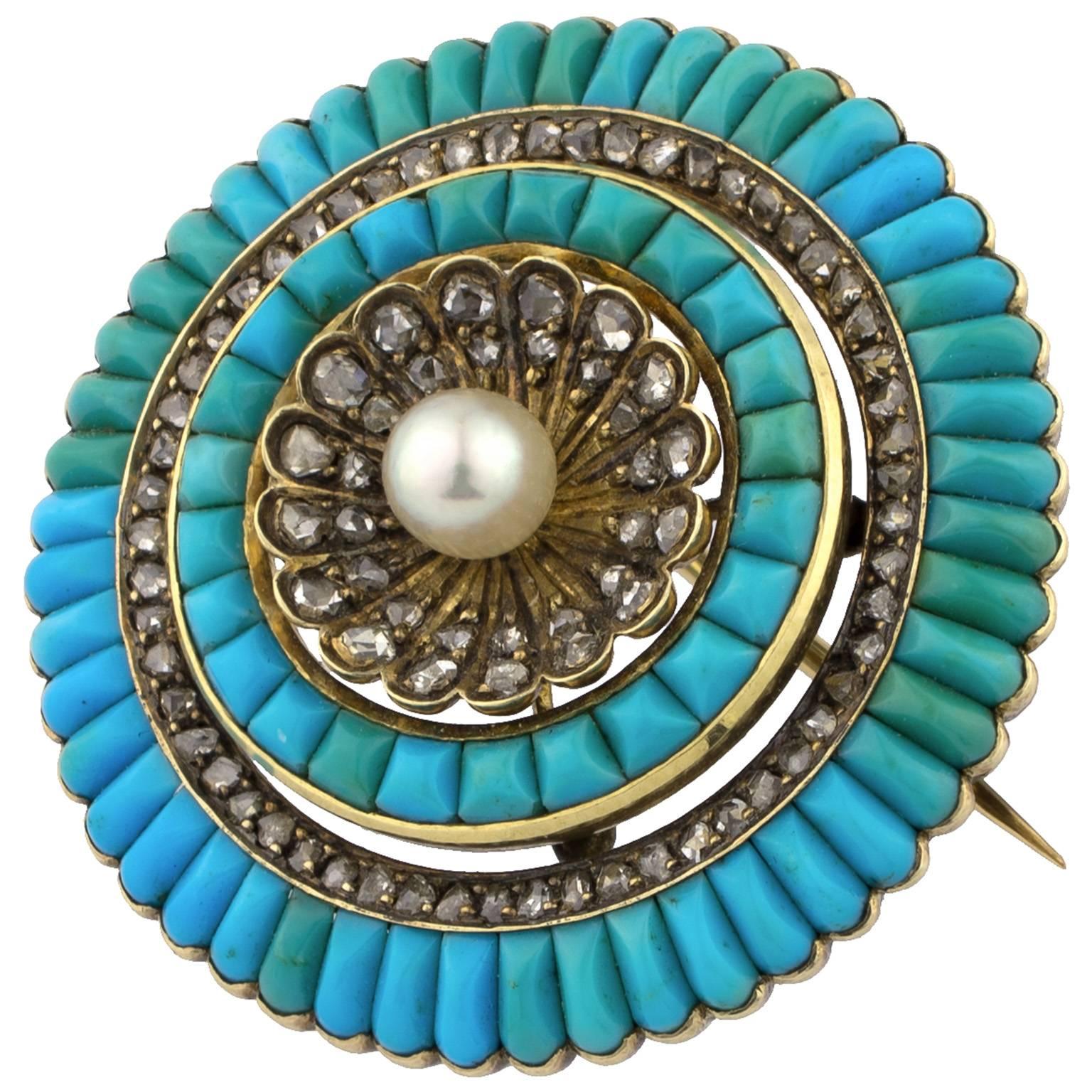 Women's 19th Century Victorian 18 Karat Gold Turquoises Pearl Diamonds Brooch For Sale