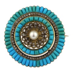19th Century Victorian 18 Karat Gold Turquoises Pearl Diamonds Brooch