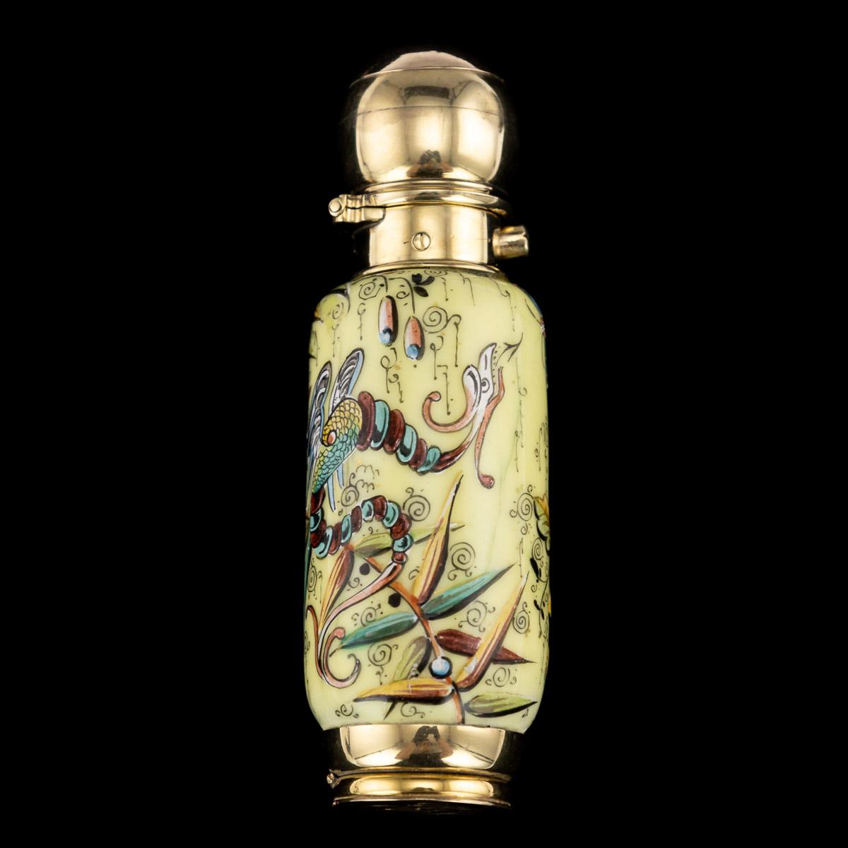 Antique 19th century Victorian 18-karat gold mounted on enamelled glass scent bottle and vinaigrette, of cylinder shape, glass body hand-painted in relief with unusual chinoiserie inspired motifs, depicting colourful birds and butterflies amongst