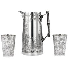 19th Century Victorian Aesthetic Movement Silver Jug and Beakers, circa 1883