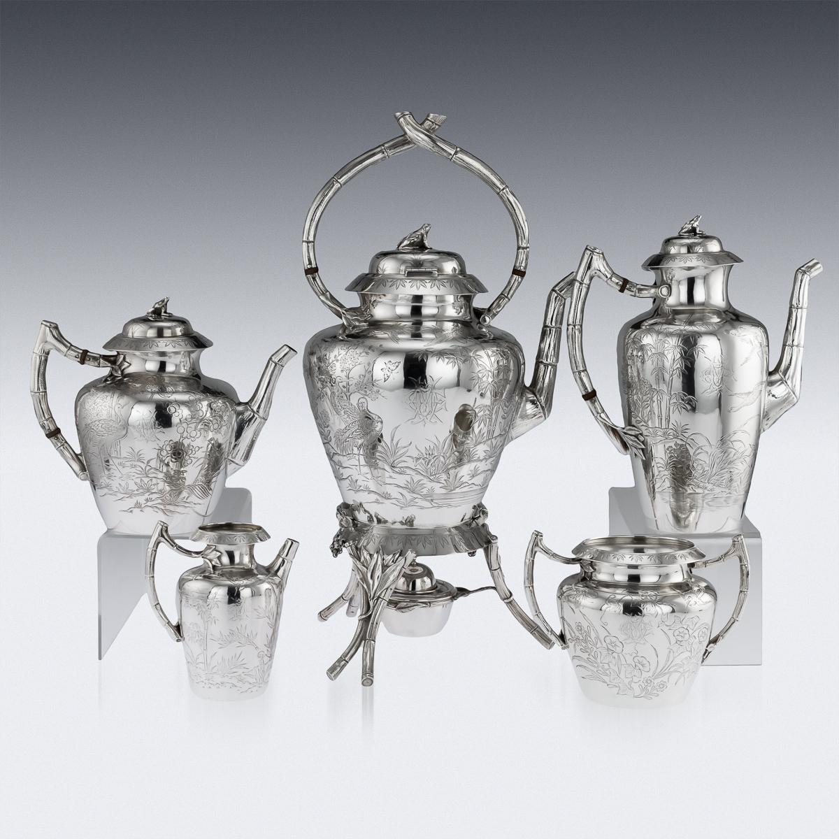 Sterling Silver 19th Century Victorian Aesthetic Movement Silver Tea Service, circa 1880 For Sale