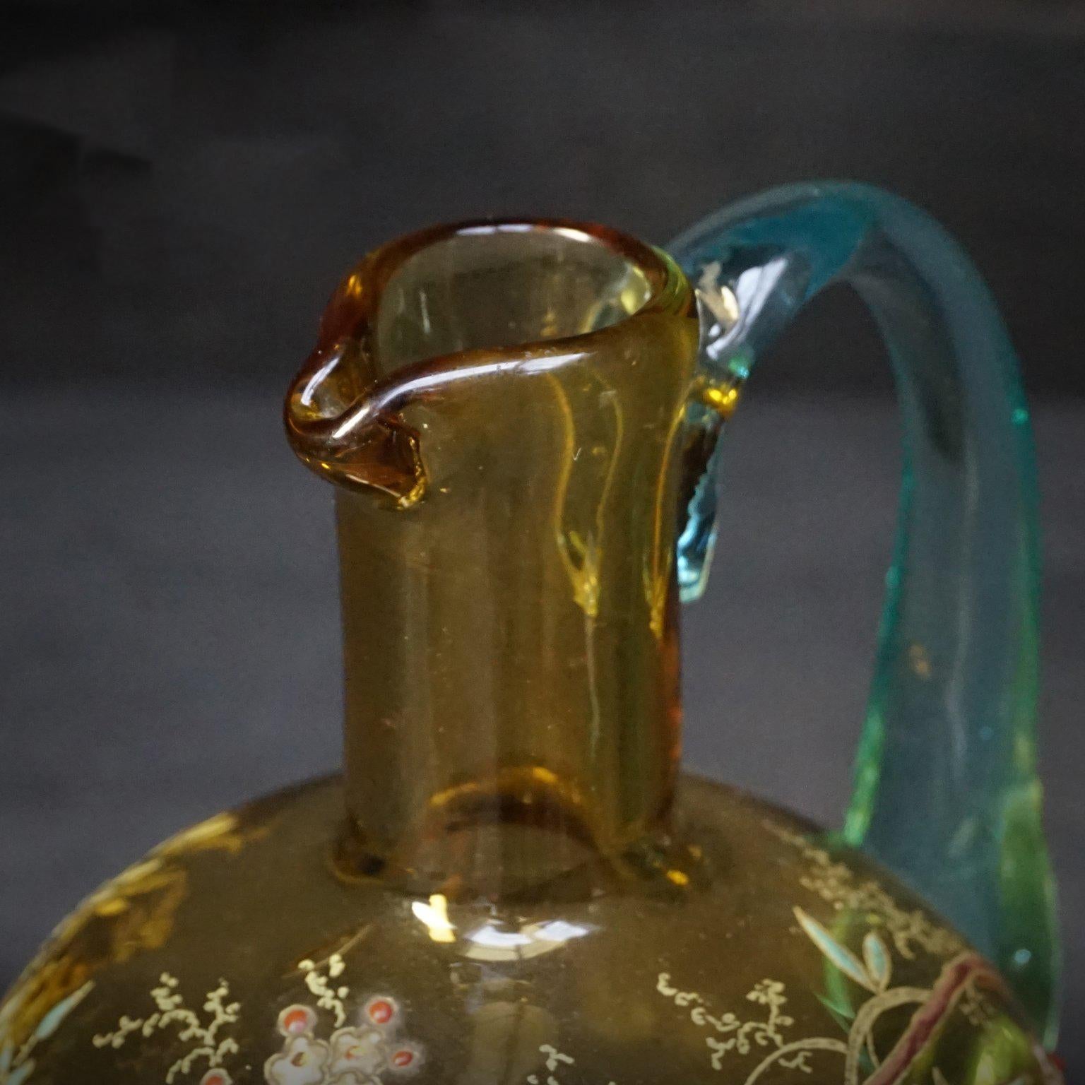 French 19th Century Victorian Amber Glass Enameled Flower Carafe by Legras