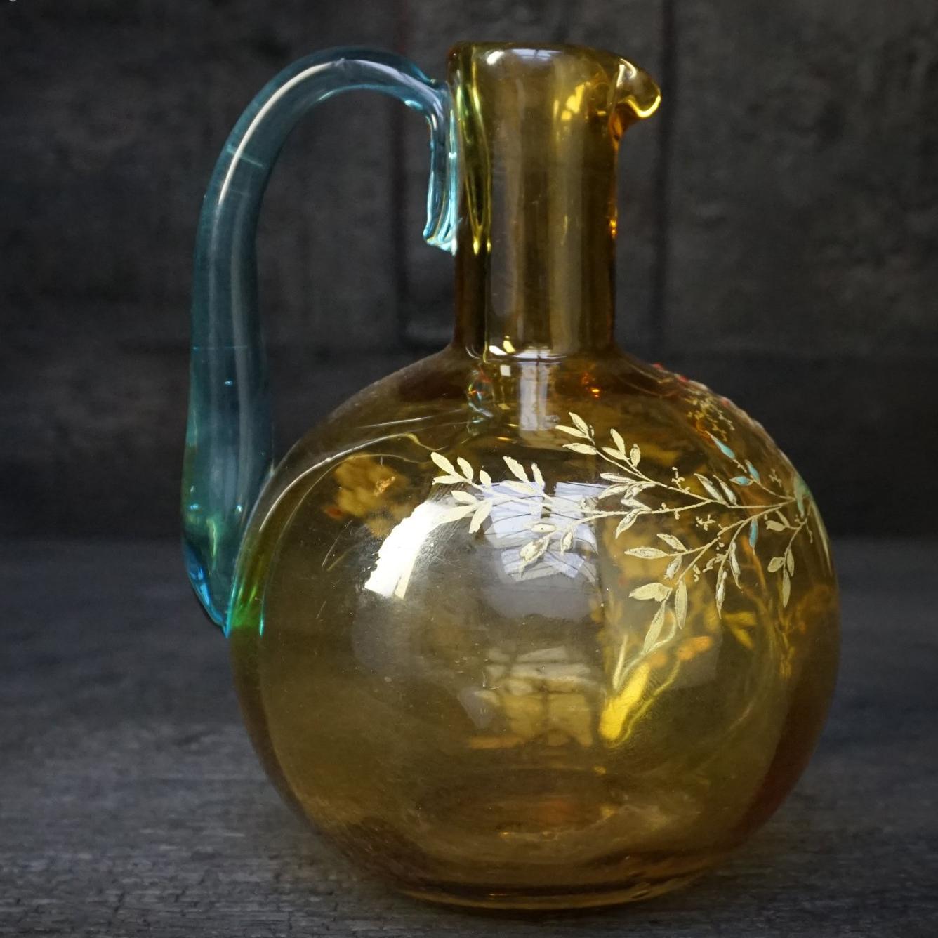 19th Century Victorian Amber Glass Enameled Flower Carafe by Legras In Good Condition In Haarlem, NL