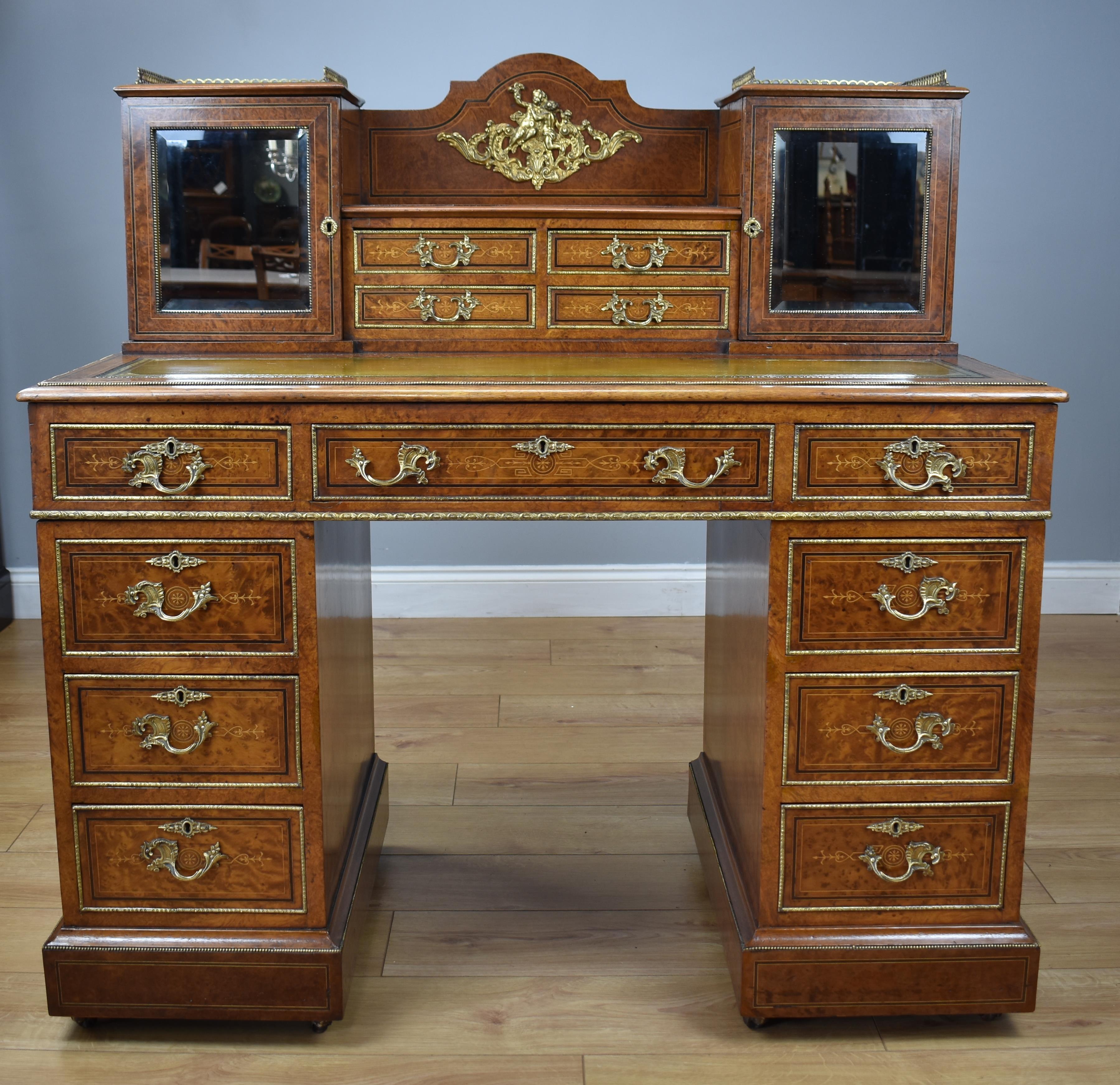 Late Victorian 19th Century Victorian Amboyna Inlaid Pedestal Desk For Sale