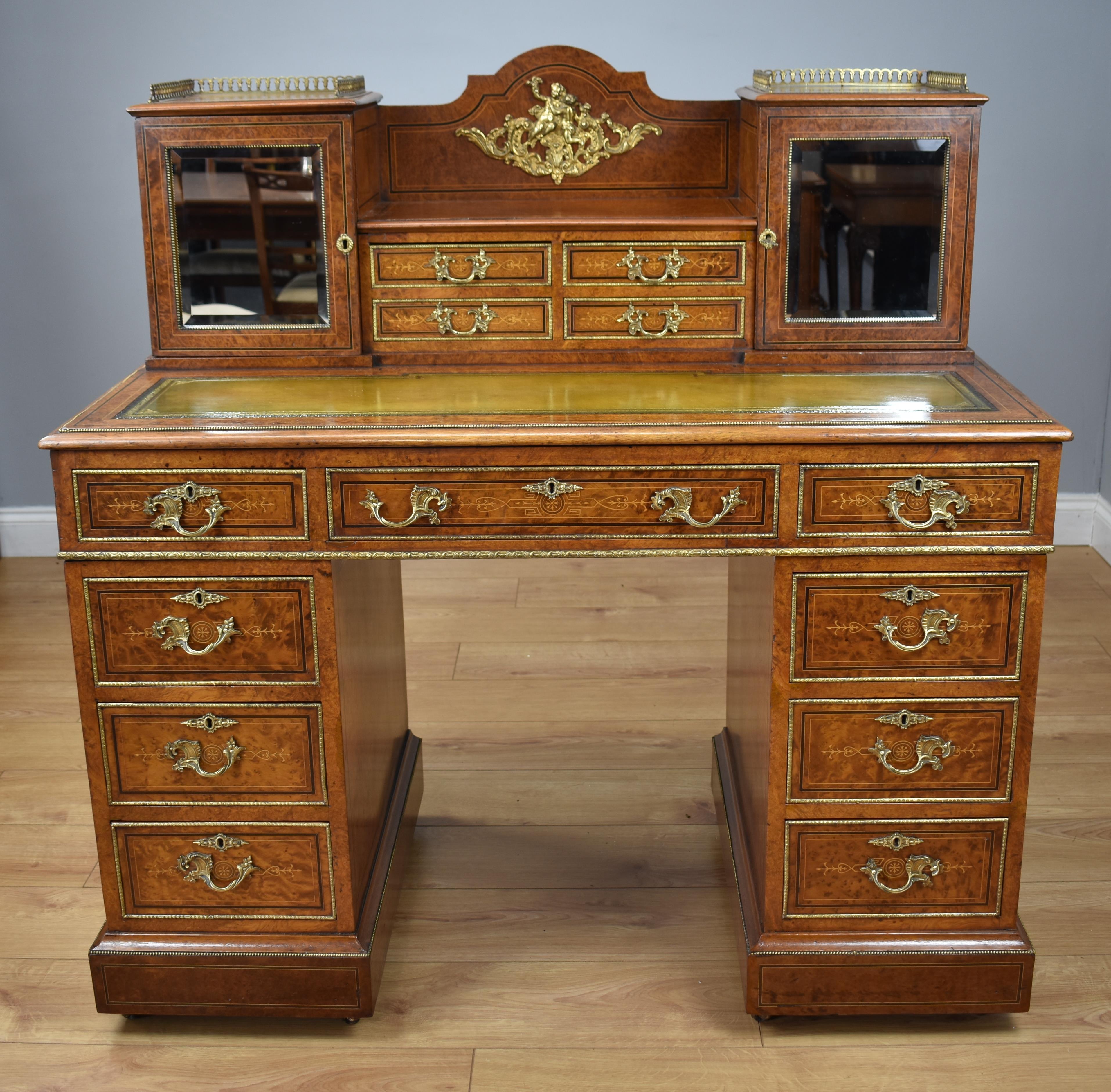 European 19th Century Victorian Amboyna Inlaid Pedestal Desk For Sale