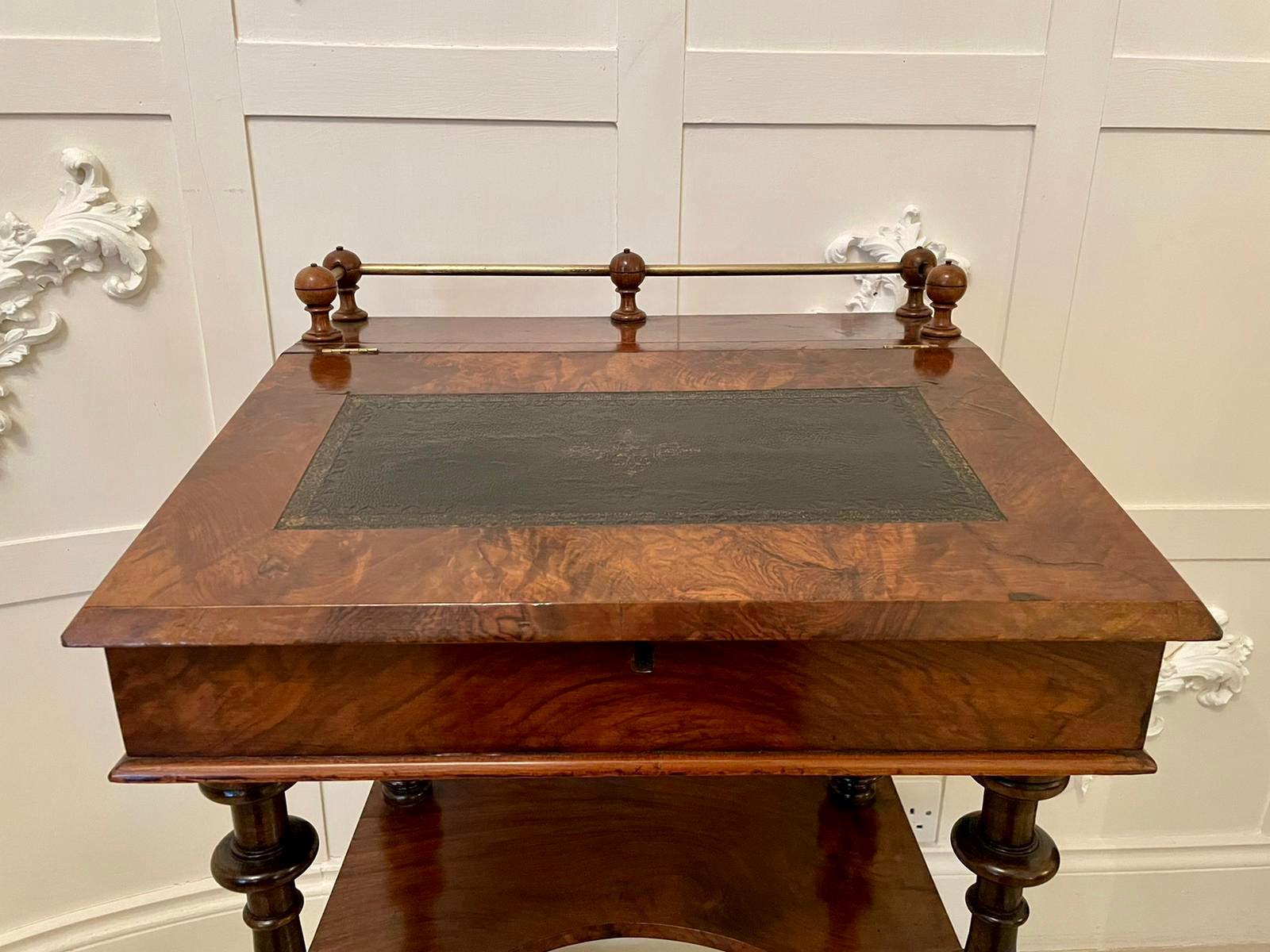 Unusual antique Victorian freestanding figured walnut ladies Davenport having the original decorative gallery above a lift up lid opening to reveal a pleasing fully fitted interior, the writing slope is crossbanded in walnut with original leather