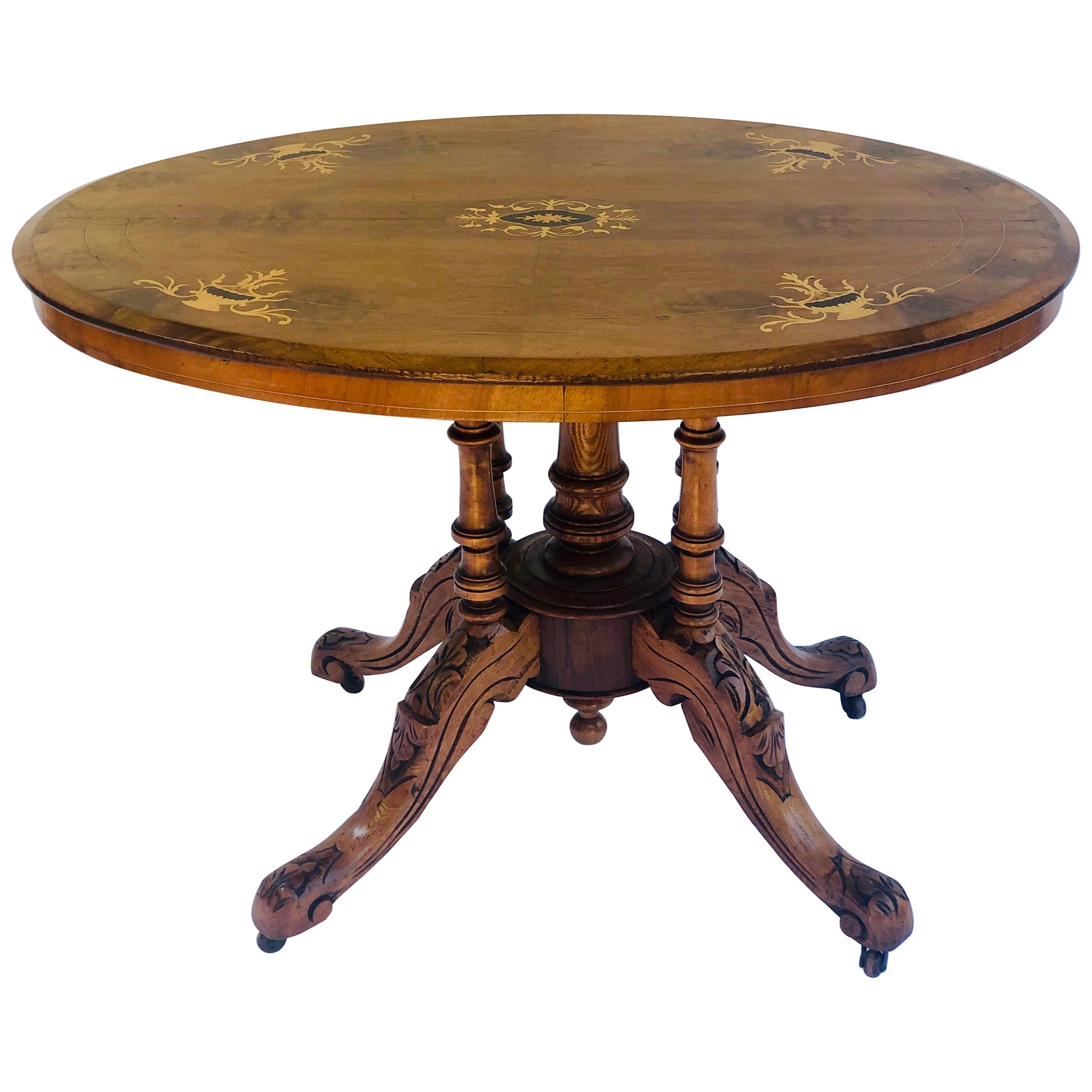 19th Century Victorian Antique Walnut Inlaid Oval Centre Table For Sale