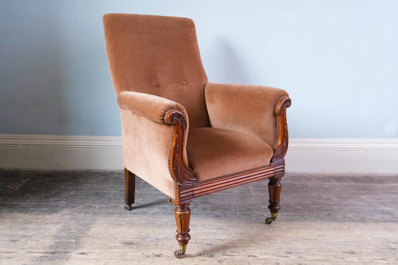 English 19th Century Victorian Armchair, Mahogany Frame with Upholstery For Sale