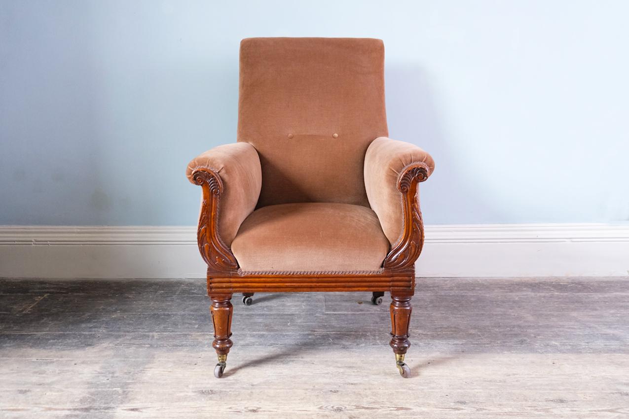 Carved 19th Century Victorian Armchair, Mahogany Frame with Upholstery For Sale