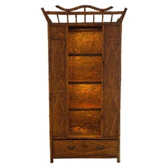 Antique 19th Century Victorian Bamboo and Seagrass Armoire with Open Shelves